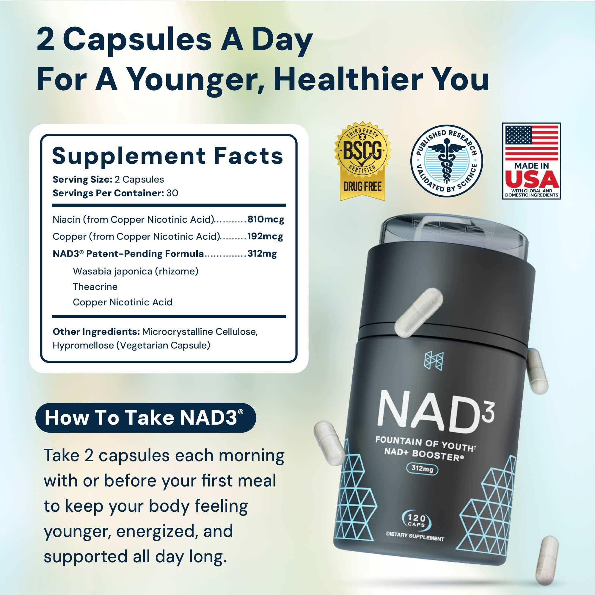 HPN NAD3 Clinical NAD+ Booster, Cellular Health & Natural Energy - NAD Supplement for Healthy Aging, Metabolic Support, NRF2 & Longevity, Nicotinamide Riboside & NMN Alternative, 120ct, 60-Day Supply HPN buy supplements canada