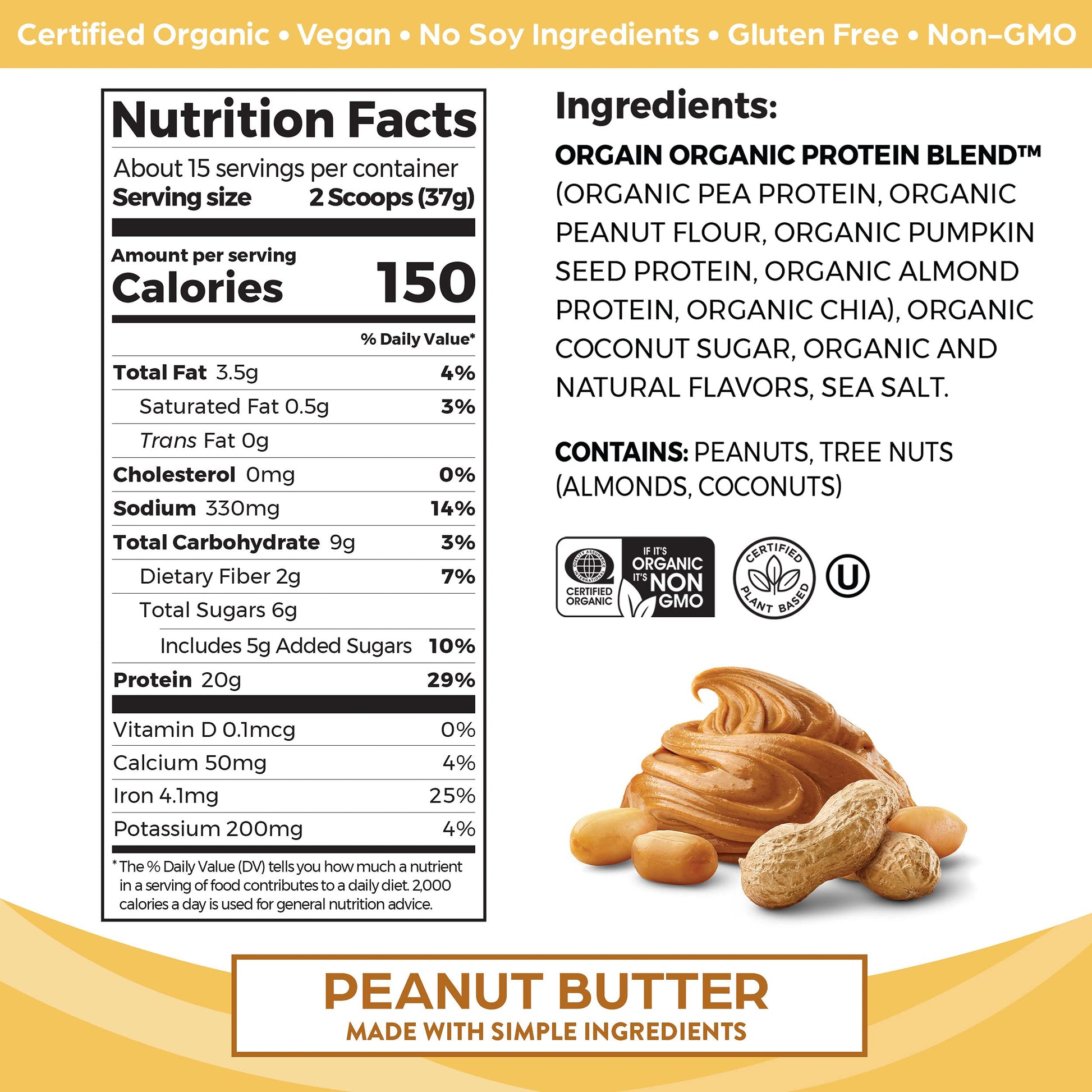 Orgain Organic Simple Vegan Protein Powder, Peanut Butter - 20g Plant Based Protein Orgain buy supplements canada
