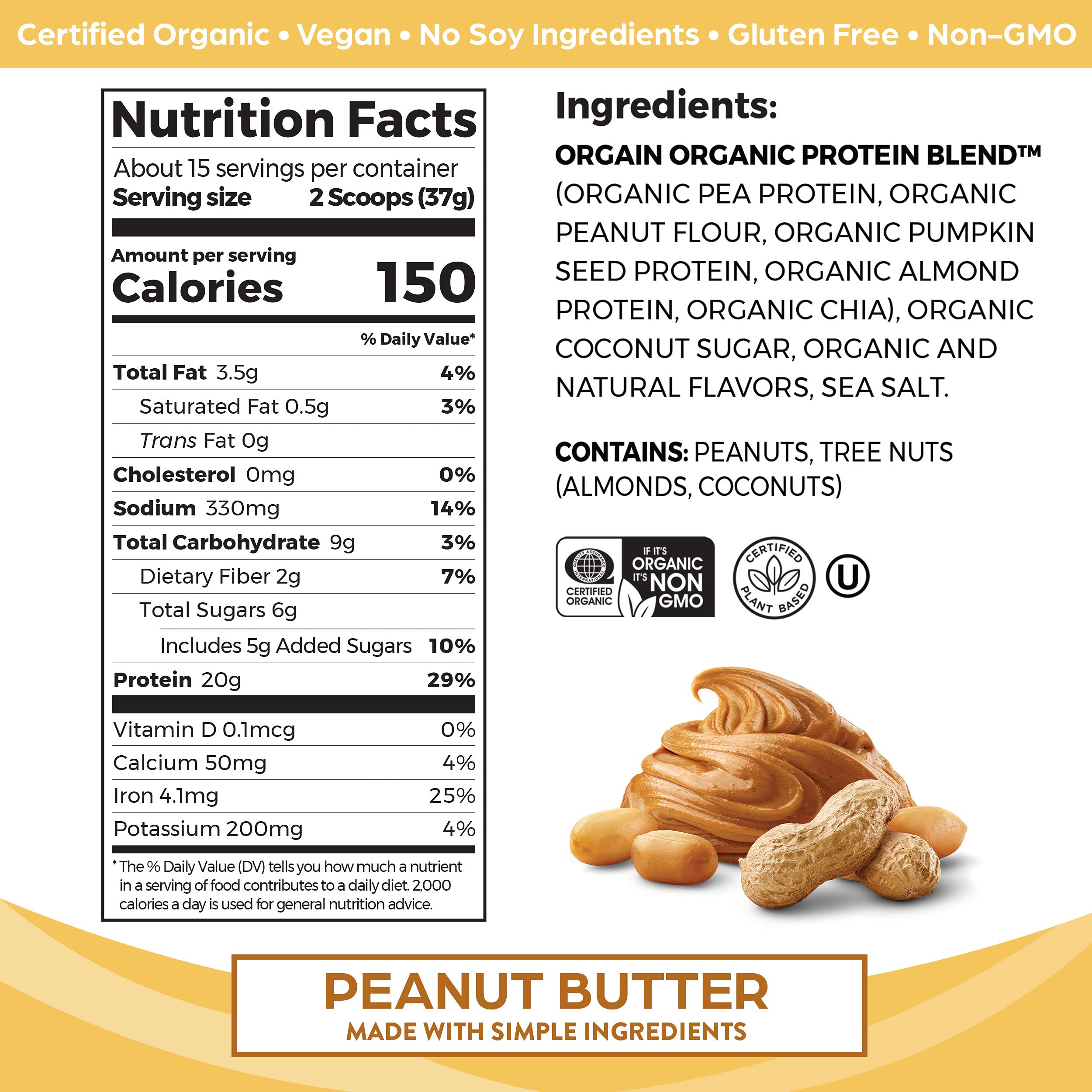 Orgain Organic Simple Vegan Protein Powder, Peanut Butter - 20g Plant Based Protein Orgain buy supplements canada