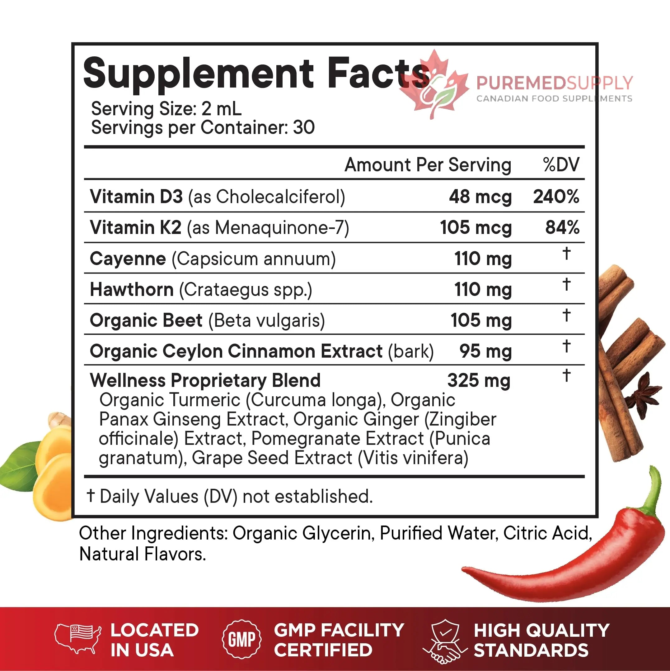 Cayenne Pepper Supplement Liquid Drops + Hawthorn Berry, Vitamin D3 K2 Beet Root Powder, Ceylon Cinnamon, Turmeric Curcumin, Organic Panax Ginseng - 4 OZ Superfood MD buy supplements canada