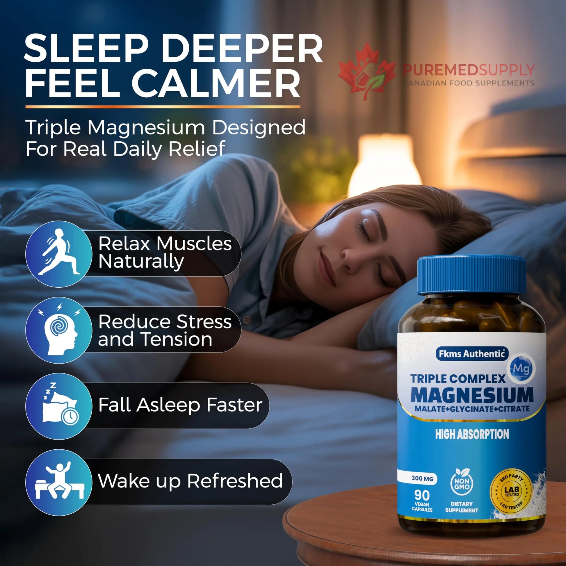 FKMS Authentic Triple Magnesium Complex | 300mg Magnesium Glycinate, Malate & Citrate for Sleep, Stress & Muscle Support | Non-GMO, Vegan, Gentle on Stomach | High Absorption | 90 Capsules FKMS AUTHENTIC buy supplements canada