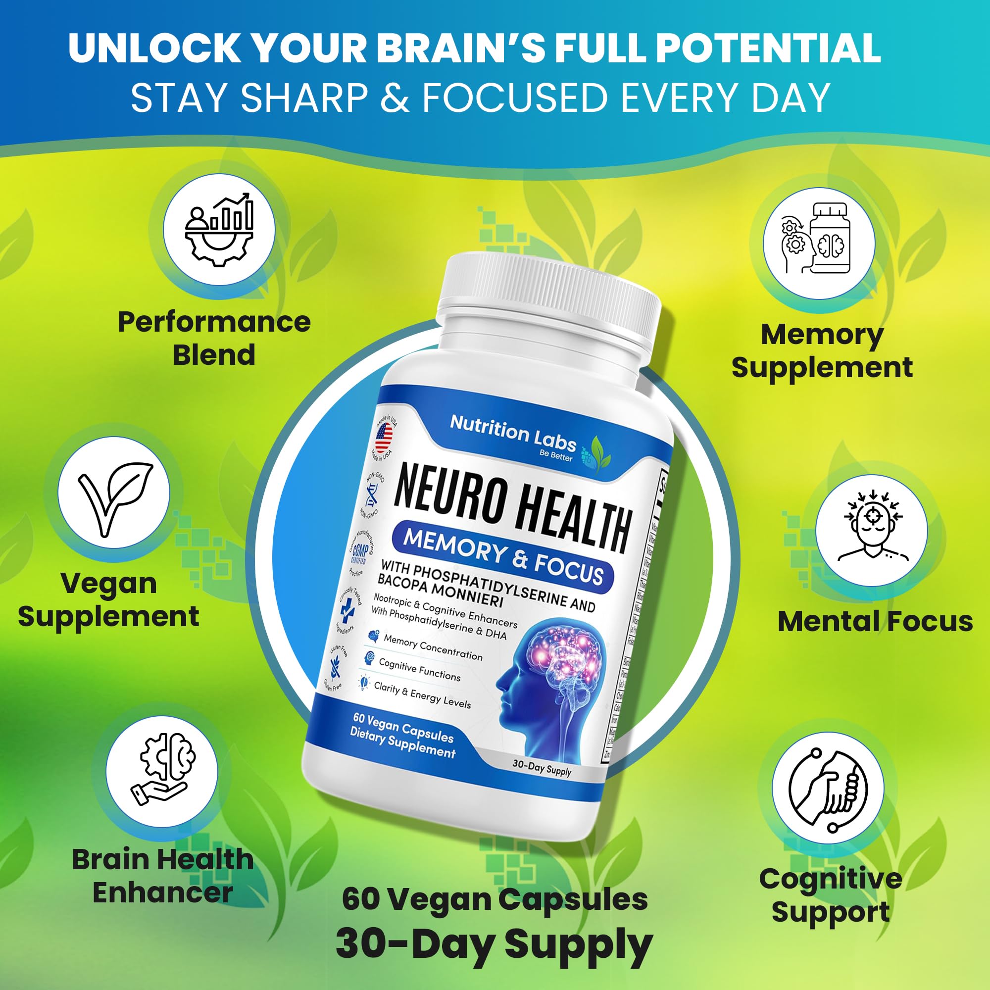 Nootropic & Neuro Brain Supplement for Memory & Focus Support. Clinically Tested Vitamins for Mental Support & Cognitive Clarity W/Bacopa Monnieri, VIT A, B6, Riboflavin, Niacin, Thiamin & Folate NUTRITION LABS BE BETTER buy supplements canada
