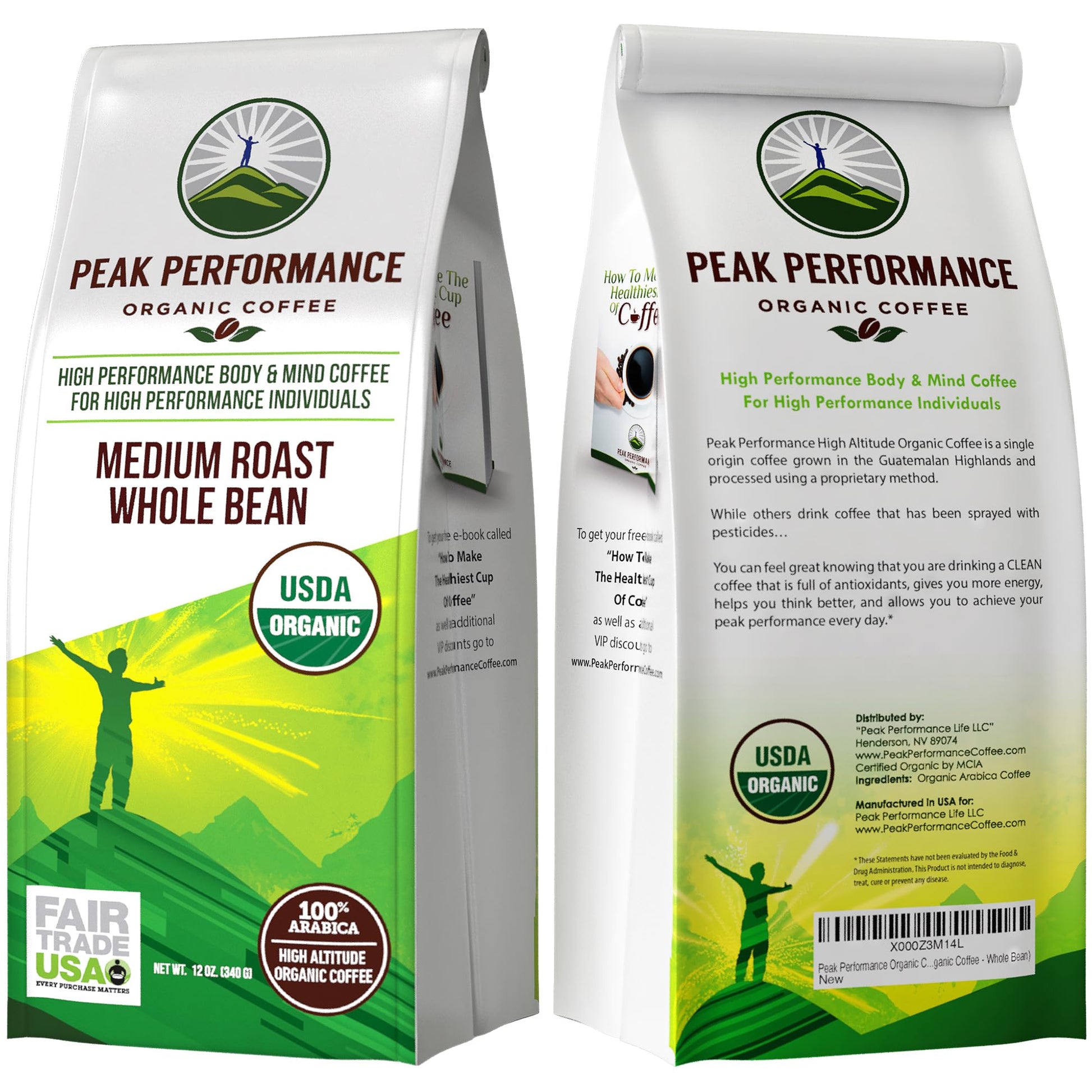 Peak Performance High Altitude Organic Coffee - Fair Trade, Low Acid, Non GMO, and Beans Full of Antioxidants - Medium Roast Smooth Tasting USDA Certified Organic Whole Bean Coffee Bag 12 oz Peak Performance buy supplements canada