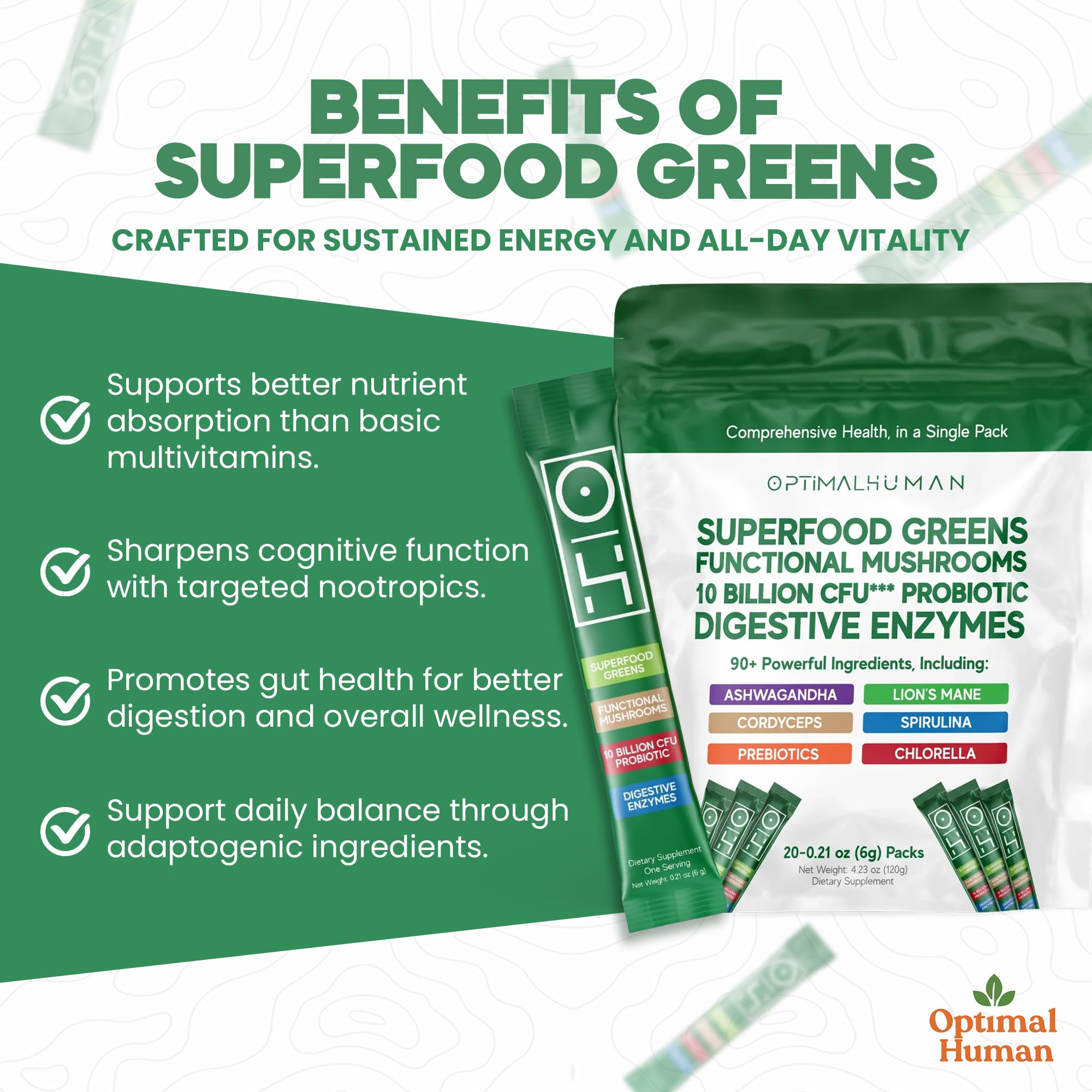 Optimal Human Superfood Greens Powder – 90+ Ingredient Blend with Lion’s Mane Supplement, Ashwagandha & Turmeric – Non-GMO, Soy-Free, Mushroom Supplements for Women – 20 Sachets O H buy supplements canada
