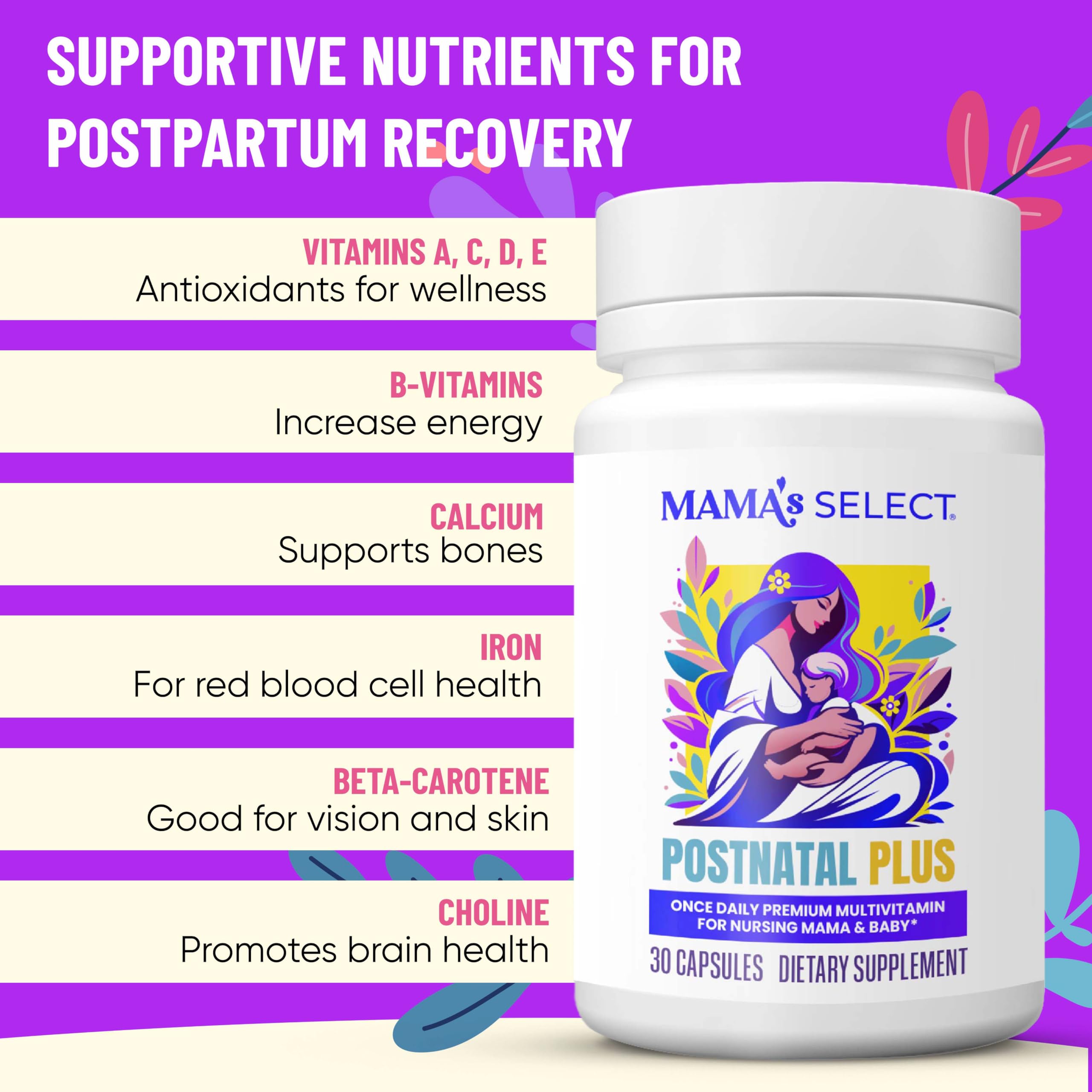 Mama's Select Postnatal Vitamins – Boosts Hair Recovery, Milk Supply, & Wellness – Allergen-Free, Vegan, MTHFR Friendly, Methylated Folate & B Vitamins, Mama's Select buy supplements canada
