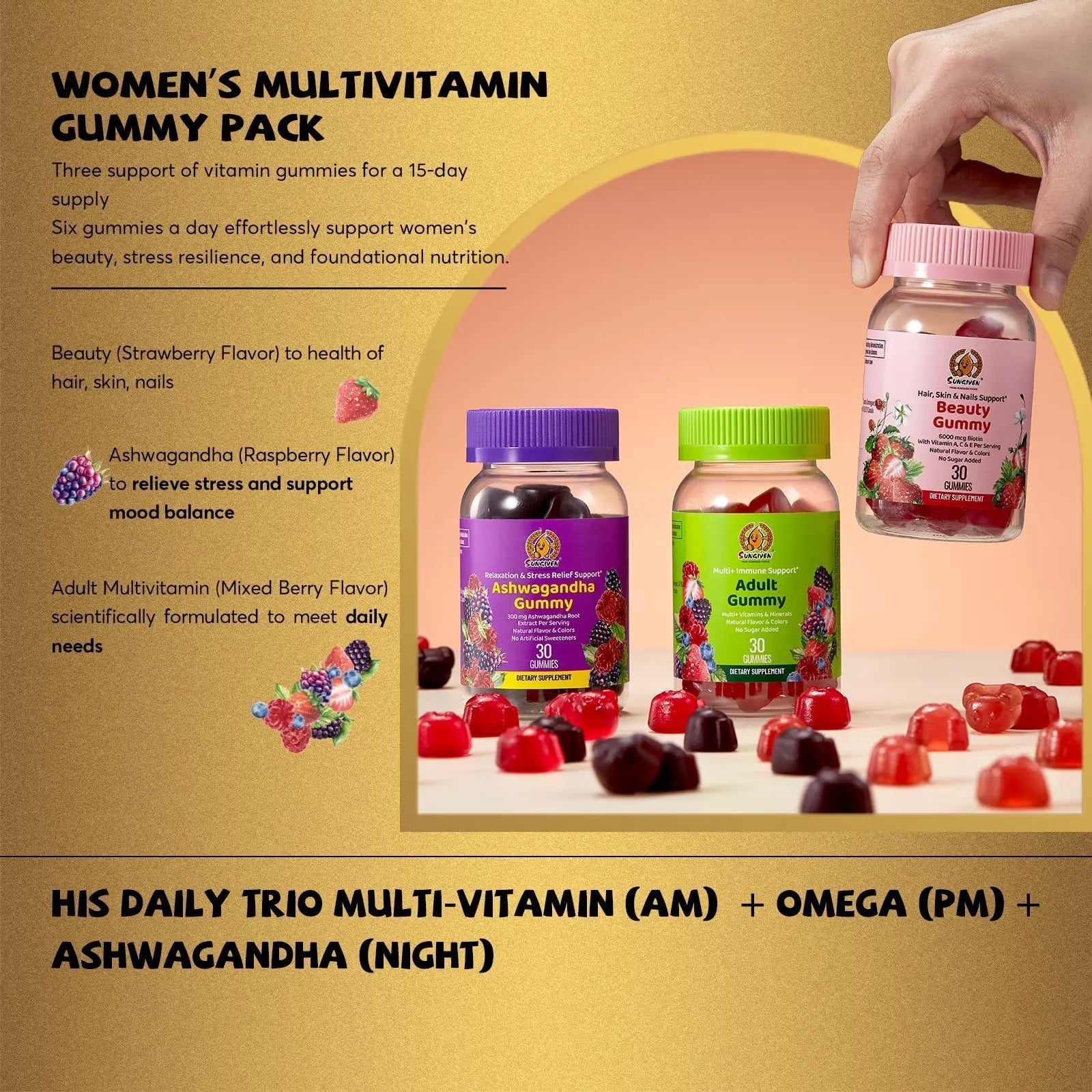 Women's Multivitamin Gummy Pack, 3 Support for Hair Skin Nails Sleep Daily Health, Vitamins A, D, C, E, Biotin, Ashwagandha SUNGIVEN buy supplements canada