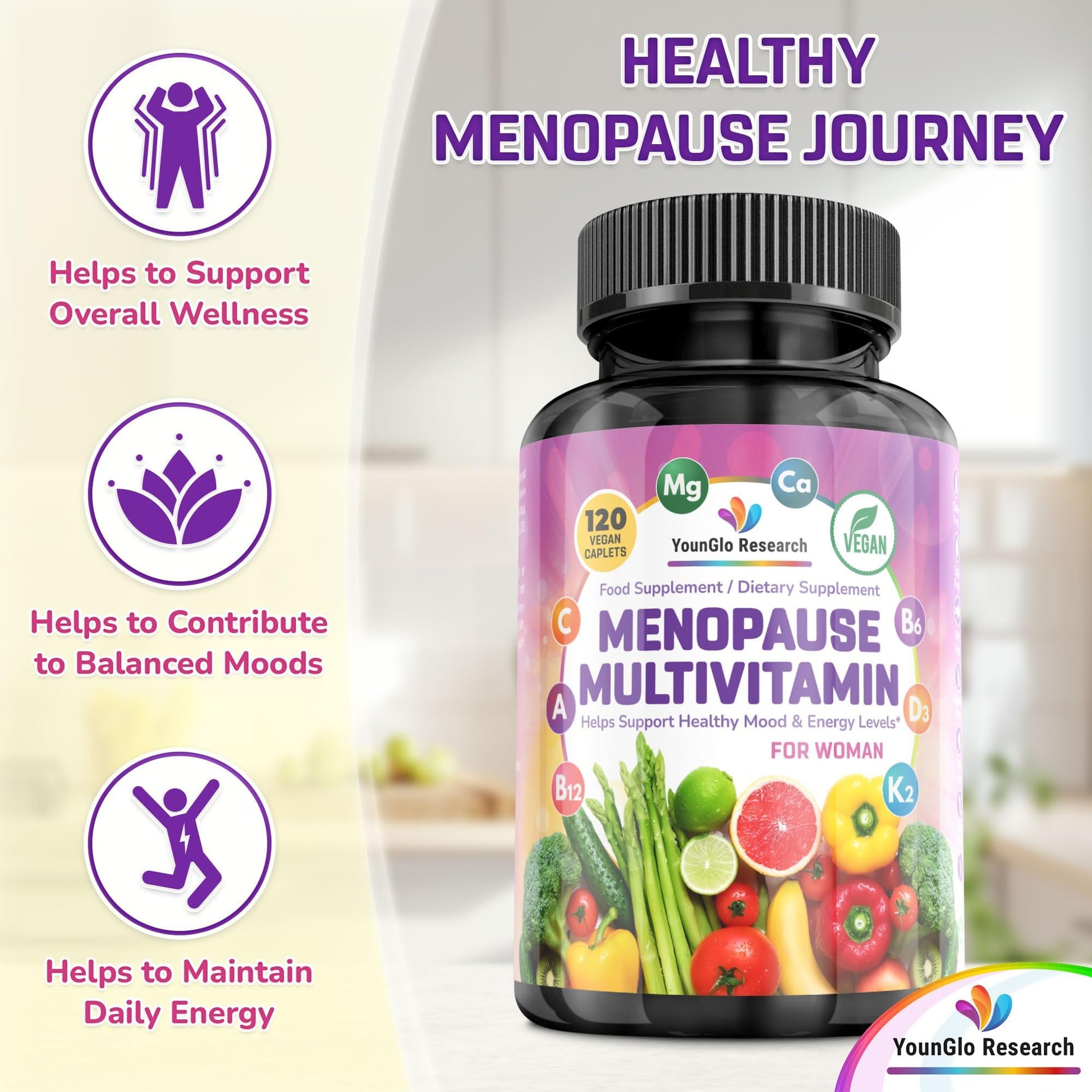 YounGlo Research Menopause Supplement - 120 Vegan Caplets - Menopause & Perimenopause Relief Support - Food and Dietary Vitamins - Multivitamin for Women YounGlo Research buy supplements canada