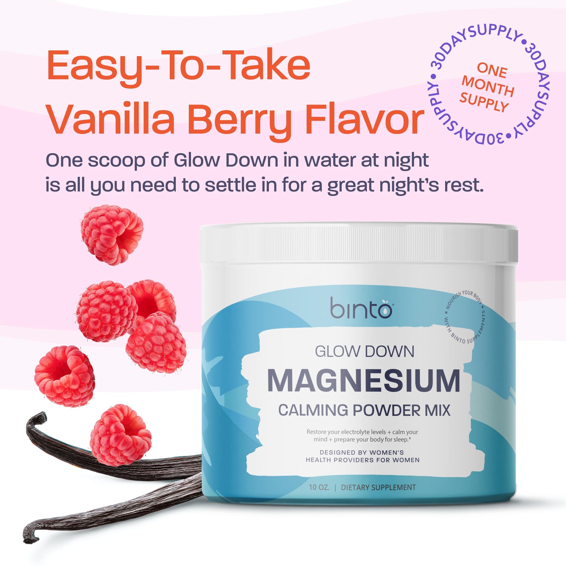 Binto Glow Down - Sleep Better & De-Stress with Our Berry Vanilla Magnesium Drink Mix, Made in USA, Sugar-Free, Preservative-Free, Gluten-Free Drink Mix (60 Day Supply) Binto buy supplements canada