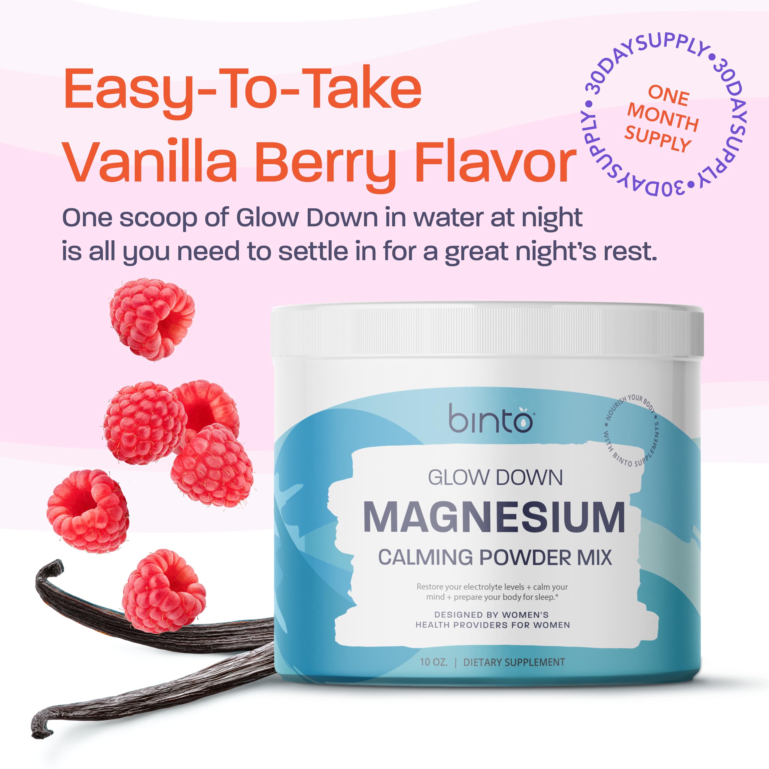 Binto Glow Down - Sleep Better & De-Stress with Our Berry Vanilla Magnesium Drink Mix, Made in USA, Sugar-Free, Preservative-Free, Gluten-Free Drink Mix (60 Day Supply) Binto buy supplements canada
