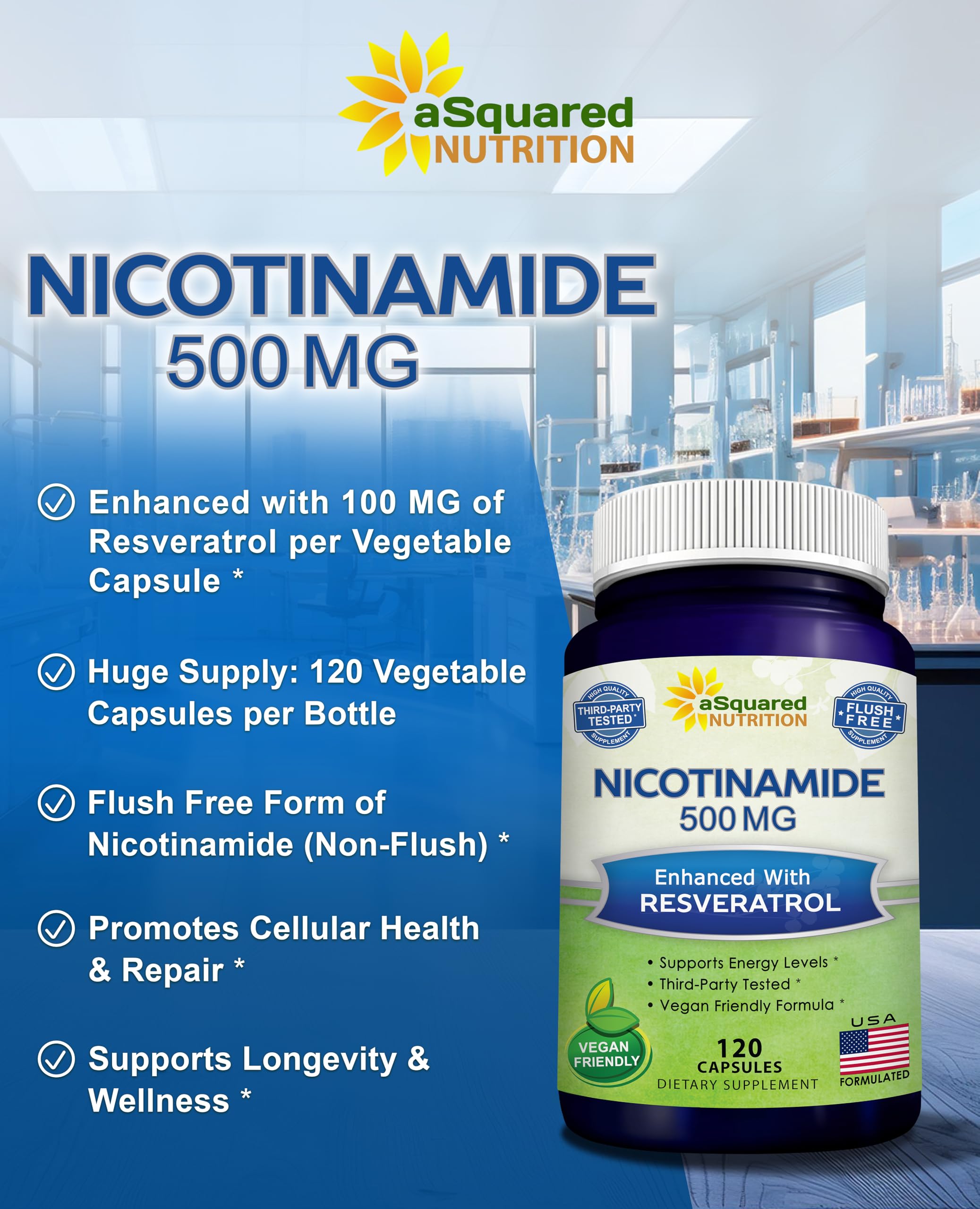 aSquared Nutrition Nicotinamide with Resveratrol - 120 Veggie Capsules - Vitamin B3 500mg (Niacinamide Flush Free) - Supplement Pills to Support NAD, Skin Cell Health & Energy aSquared Nutrition buy supplements canada