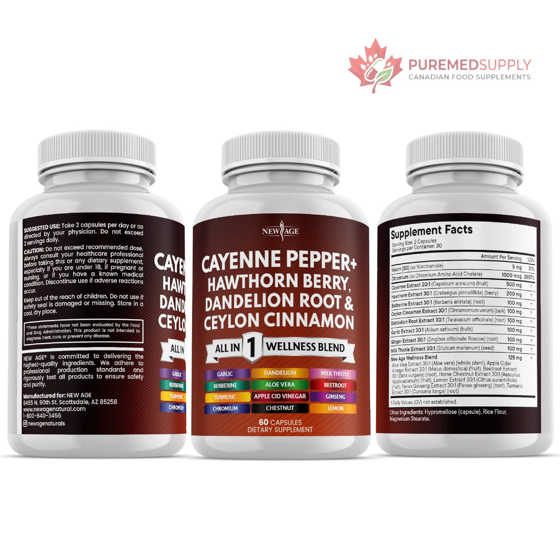 NEW AGE Cayenne Pepper Capsules Supplement with Hawthorn Berry, Dandelion Root, Ceylon Cinnamon, Garlic, Ginger, ACV, Milk Thistle, Beet Root, Aloe Vera - 120 Count NEW AGE buy supplements canada