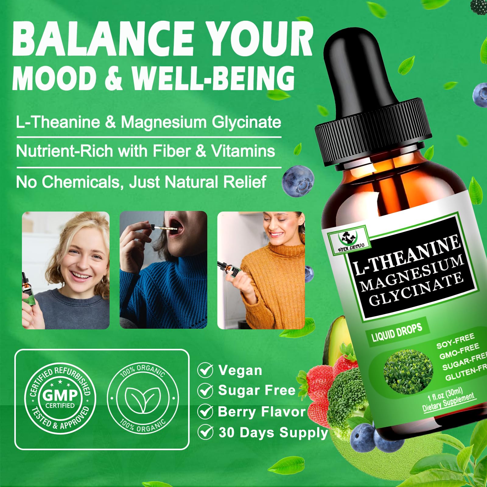 L Theanine Drops, Liquid L-Theanine Supplement 200mg w/Magnesium Glycinate,Vitamins,Fiber for Relaxation,Sleep,Digestion, Calm,High Absorption Mood Support for Adults & Kids,Plant Based,Non-GMO Vita letuo buy supplements canada