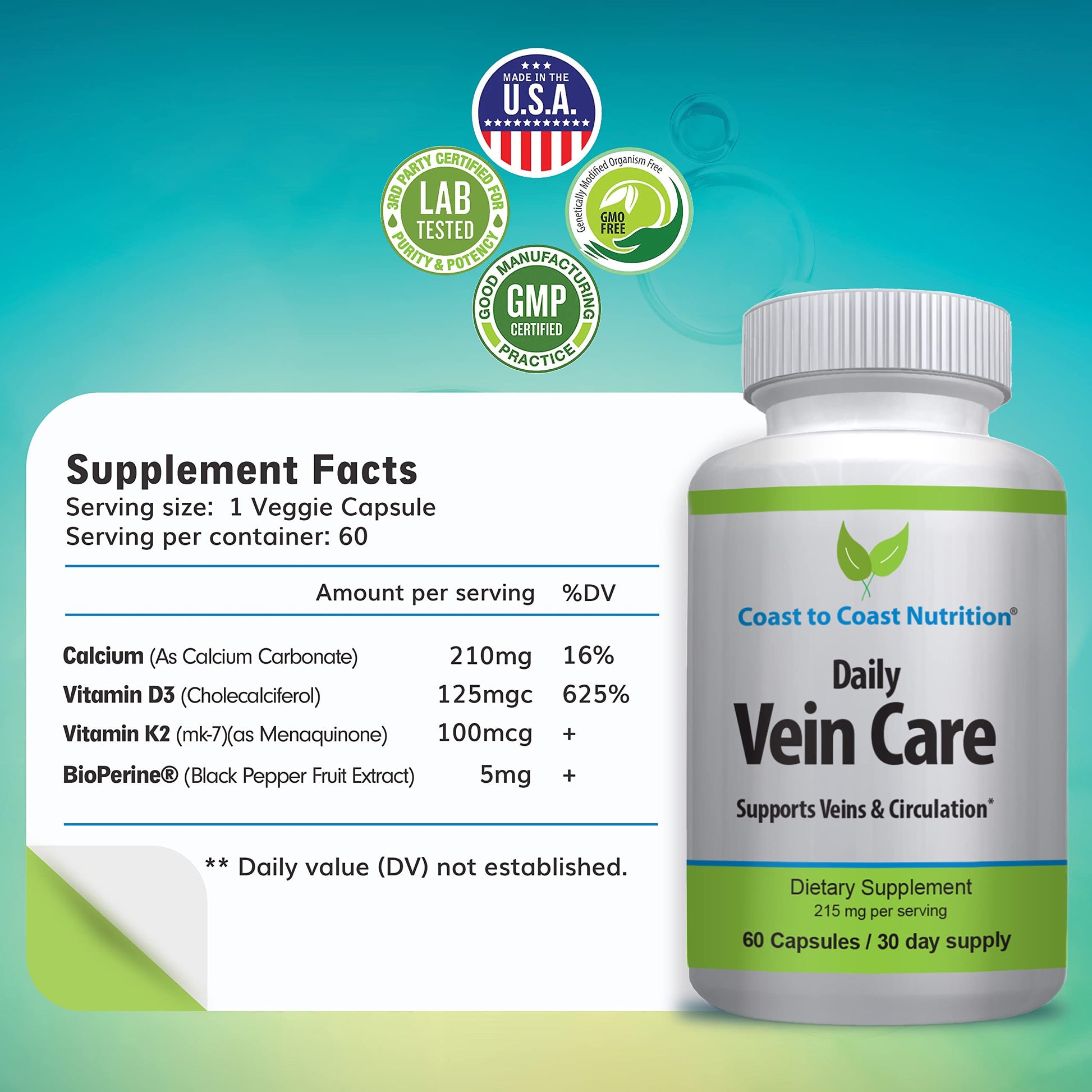 Coast to Coast Nutrition Daily Vein Care Supplement Capsules — Circulation Formula with a Natural Blend of Calcium, Vitamin D3, Vitamin K2 Plus BioPerine for Max Absorption Vein Formula — 60 Capsules Coast to Coast Nutrition buy supplements canada