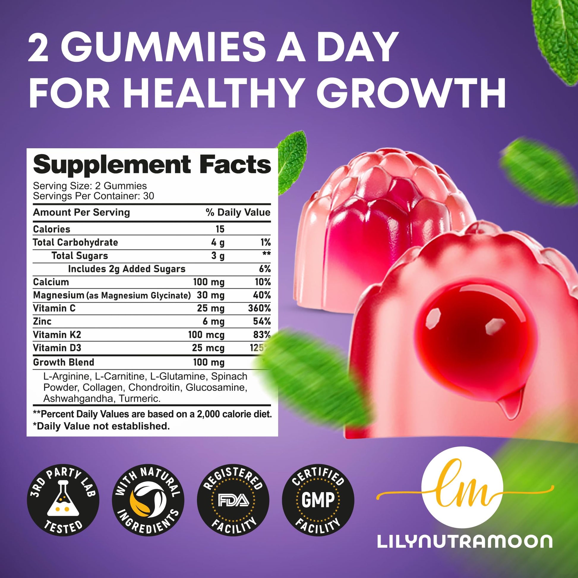 Height Growth Gummies for Kids & Teens - Calcium, Vitamin D3 + K2, Zinc, Magnesium, L-Arginine, Vitamin C - Multivitamin for Teen Boys & Girls - Grow Taller Supplement for Kids Height - 60 Gummies LM LILYNUTRAMOON buy supplements canada