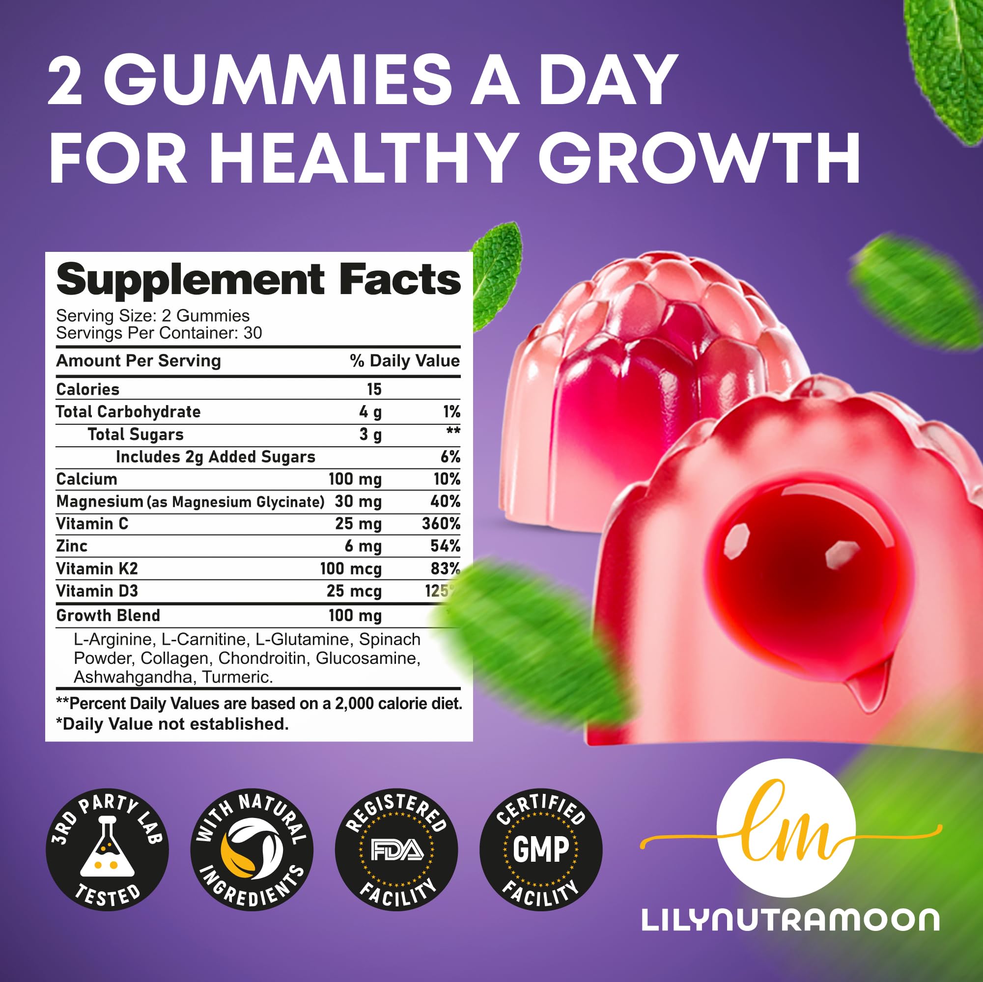 Height Growth Gummies for Kids & Teens - Calcium, Vitamin D3 + K2, Zinc, Magnesium, L-Arginine, Vitamin C - Multivitamin for Teen Boys & Girls - Grow Taller Supplement for Kids Height - 60 Gummies LM LILYNUTRAMOON buy supplements canada