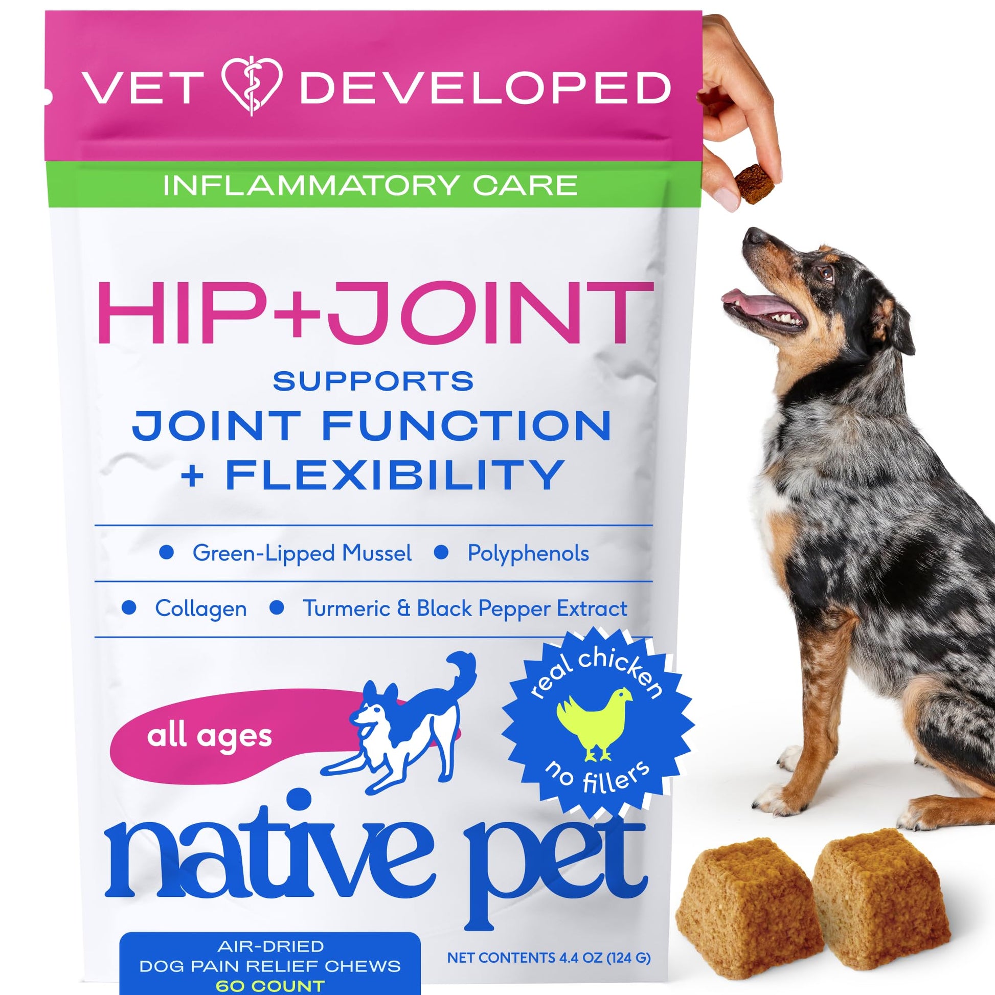 Native Pet Inflammatory Care - Pain Relief for Dogs - Green-Lipped Mussel, Turmeric & Collagen for Dogs - Hip and Joint Supplement Supports Healthy Inflammatory Response & Joint Comfort - 60 Chews Native Pet buy supplements canada