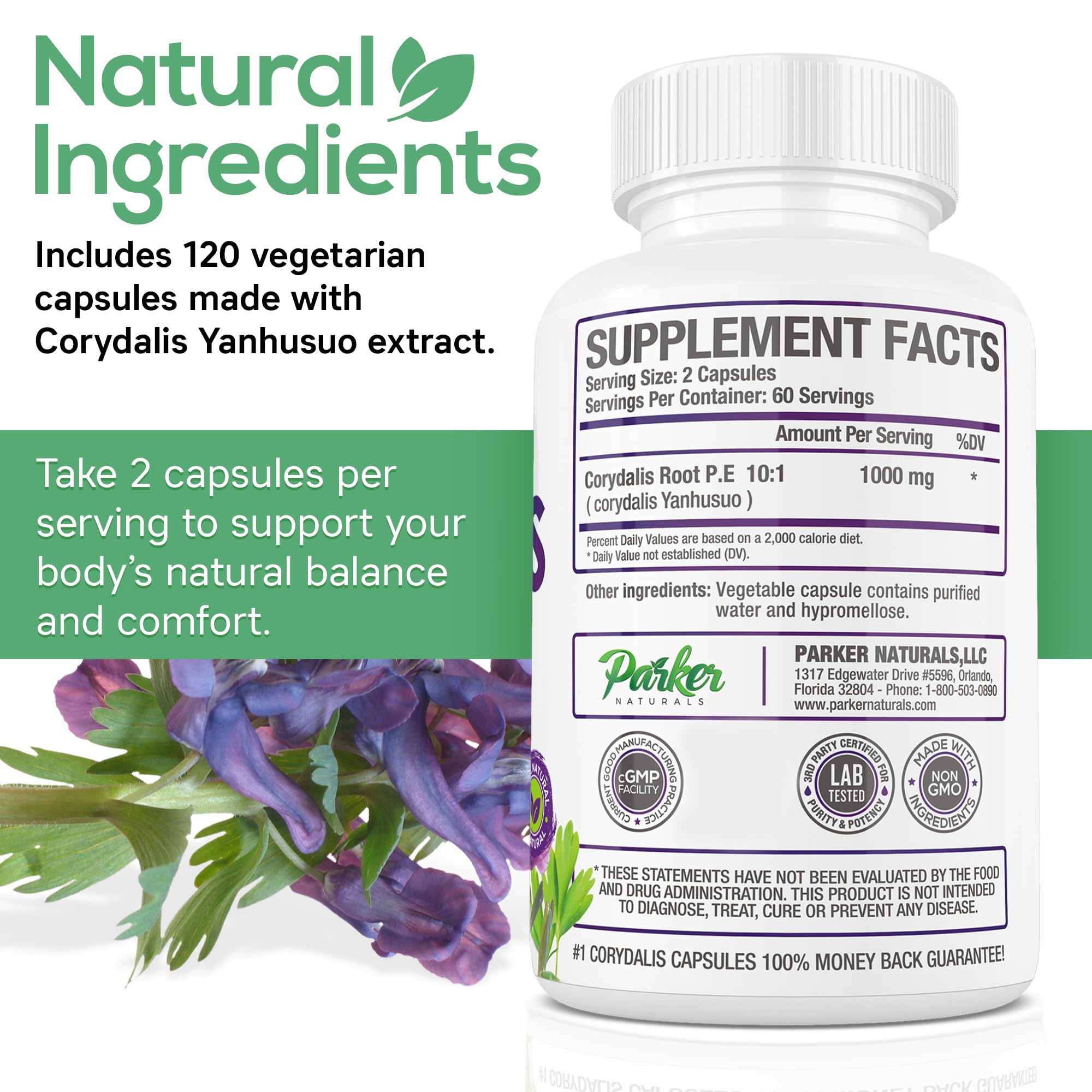 Pure Corydalis Root Extract Capsule - 1000mg Strength, 10:1 Corydalis Yanhusuo Extract, Natural Relief, Long Lasting, 100% Vegetarian, 60 Servings, 120 Count Parker Naturals buy supplements canada