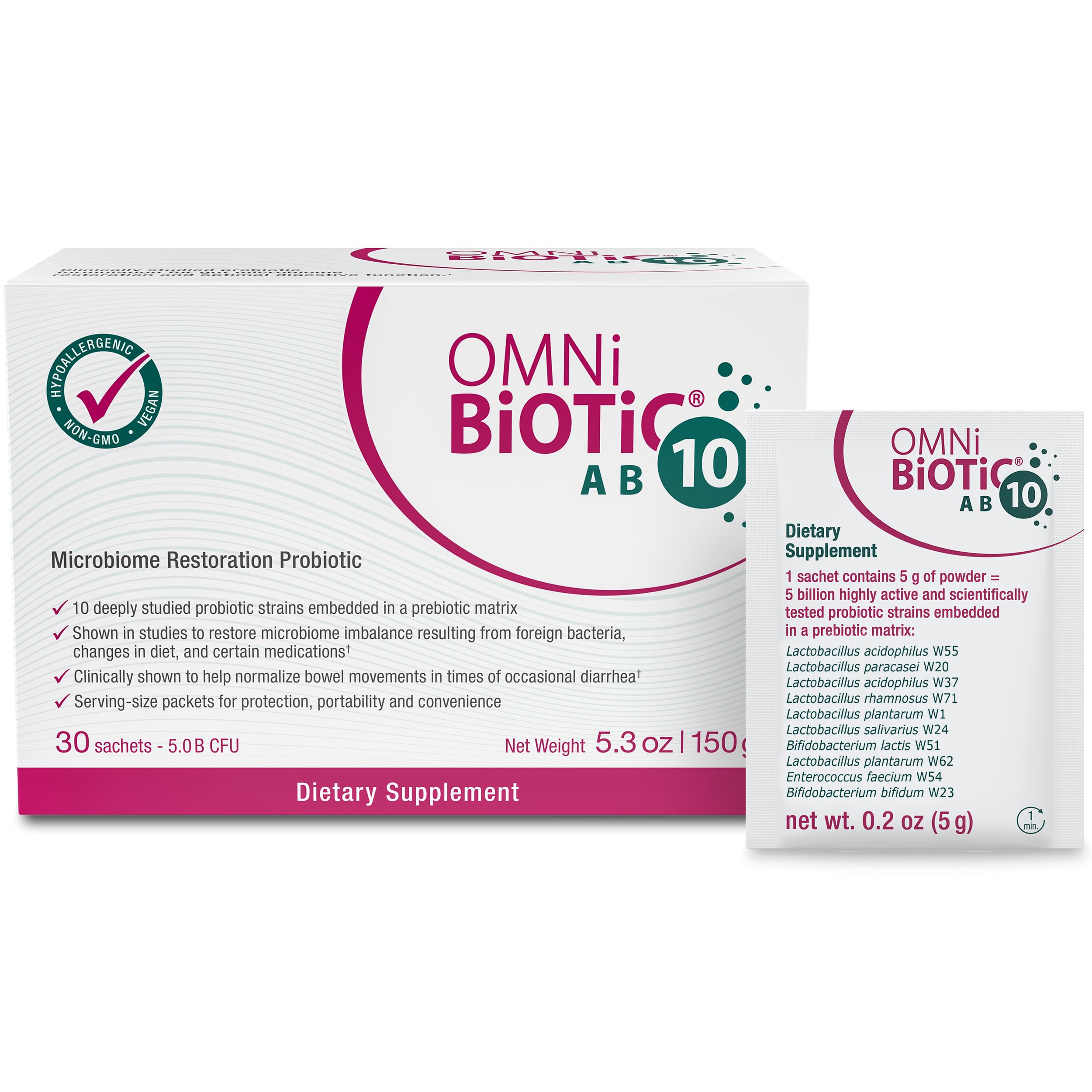 OMNi BiOTiC AB 10 - Clinically Tested Restorative Probiotic - Supports & Restores Gut Flora & Digestion - Digestive Probiotic for Diarrhea - Vegan, Hypoallergenic, Non-GMO (30 Daily Packets) OMNi BiOTiC buy supplements canada