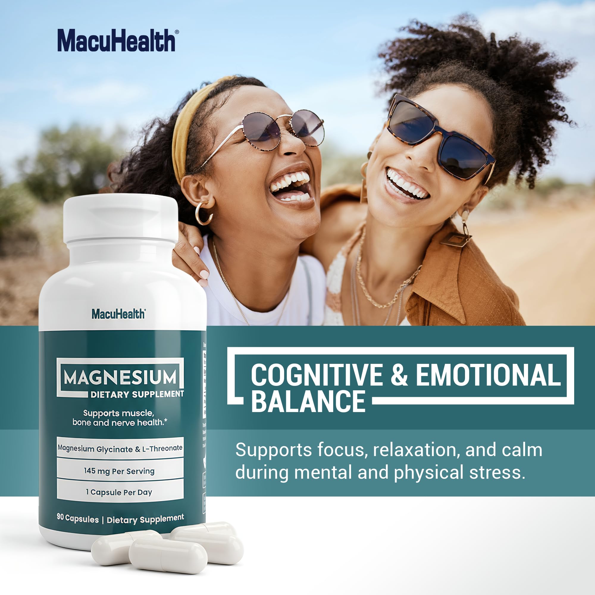 MacuHealth Magnesium Glycinate & L-Threonate 145mg - 90 Capsules - Highly Absorbable Magnesium for Energy, Calm & Focus - Gentle on Stomach, Vegan, Non-GMO