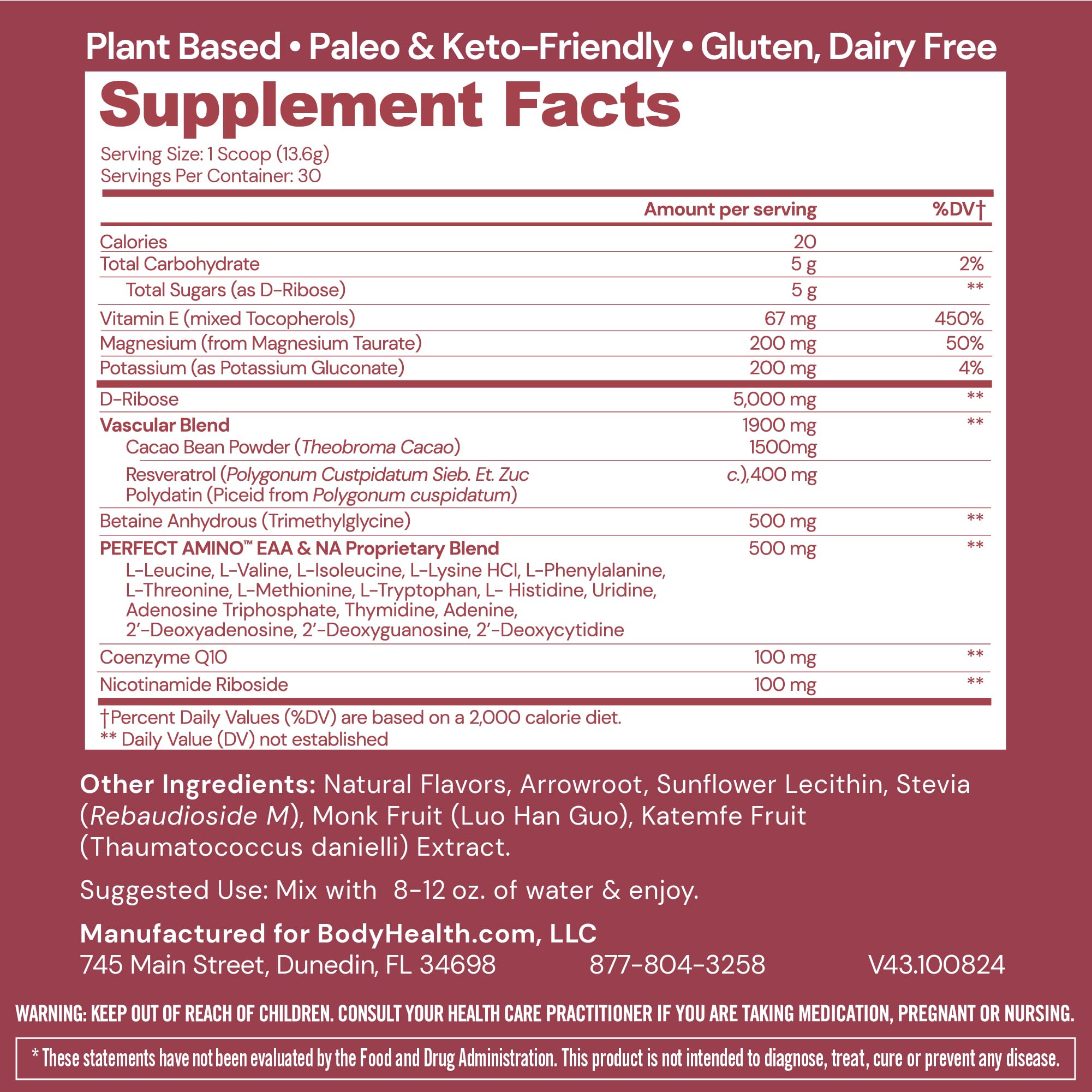 BodyHealth Cardio Vascular with PerfectAmino, Blood Flow and Heart Health Supplement Support with CoQ10, Nicotinamide Riboside, Resveratrol and D-Ribose, Chocolate Flavor, 30 Servings BodyHealth buy supplements canada