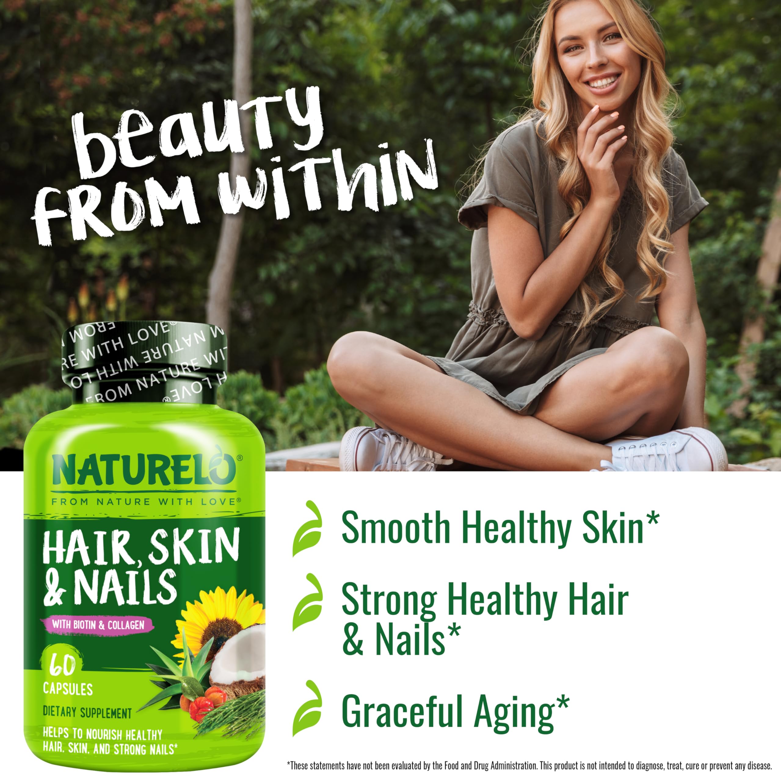 NATURELO Hair, Skin and Nails Vitamins - 5000 mcg Biotin, Collagen, Natural Vitamin E - Supplement for Healthy Skin NATURELO buy supplements canada