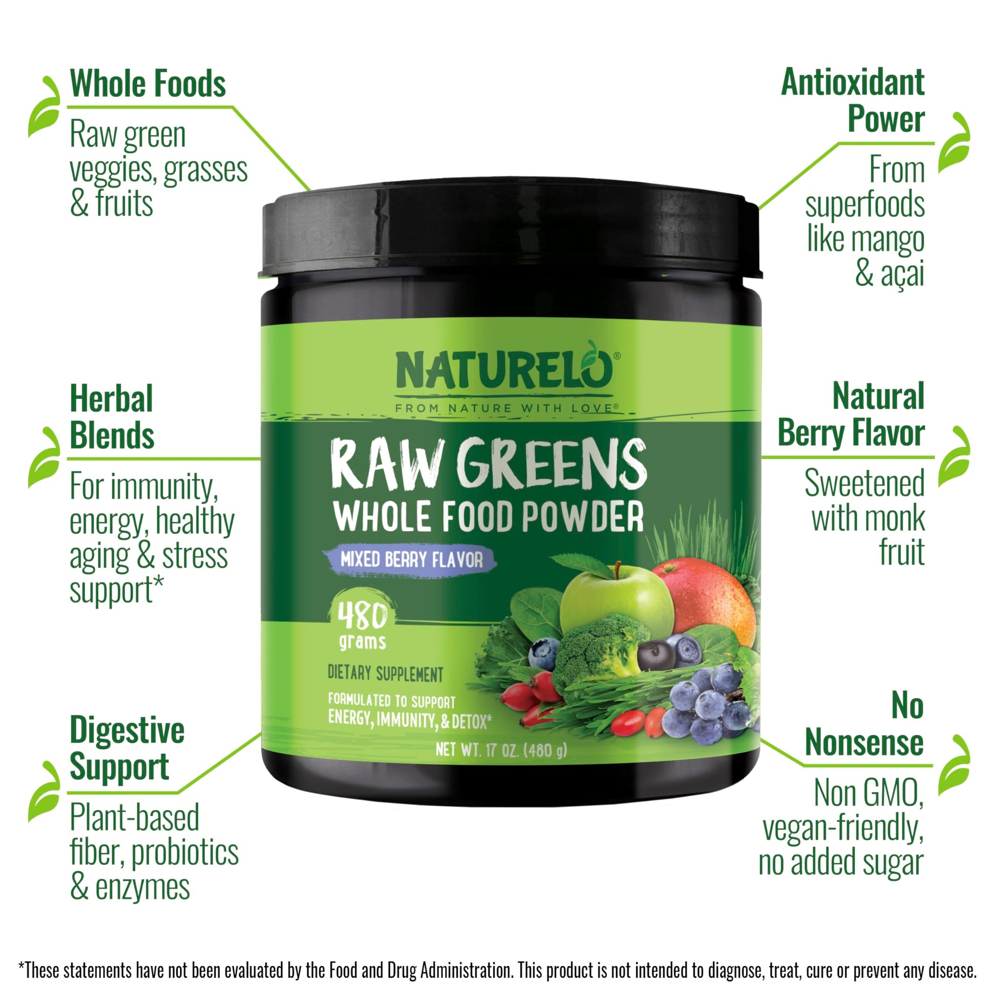NATURELO Raw Greens Superfood Powder 480 Grams, Mixed Berry - Supports Energy, Immunity and Detox - Includes Spirulina, Wheat Grass and Organic NATURELO buy supplements canada