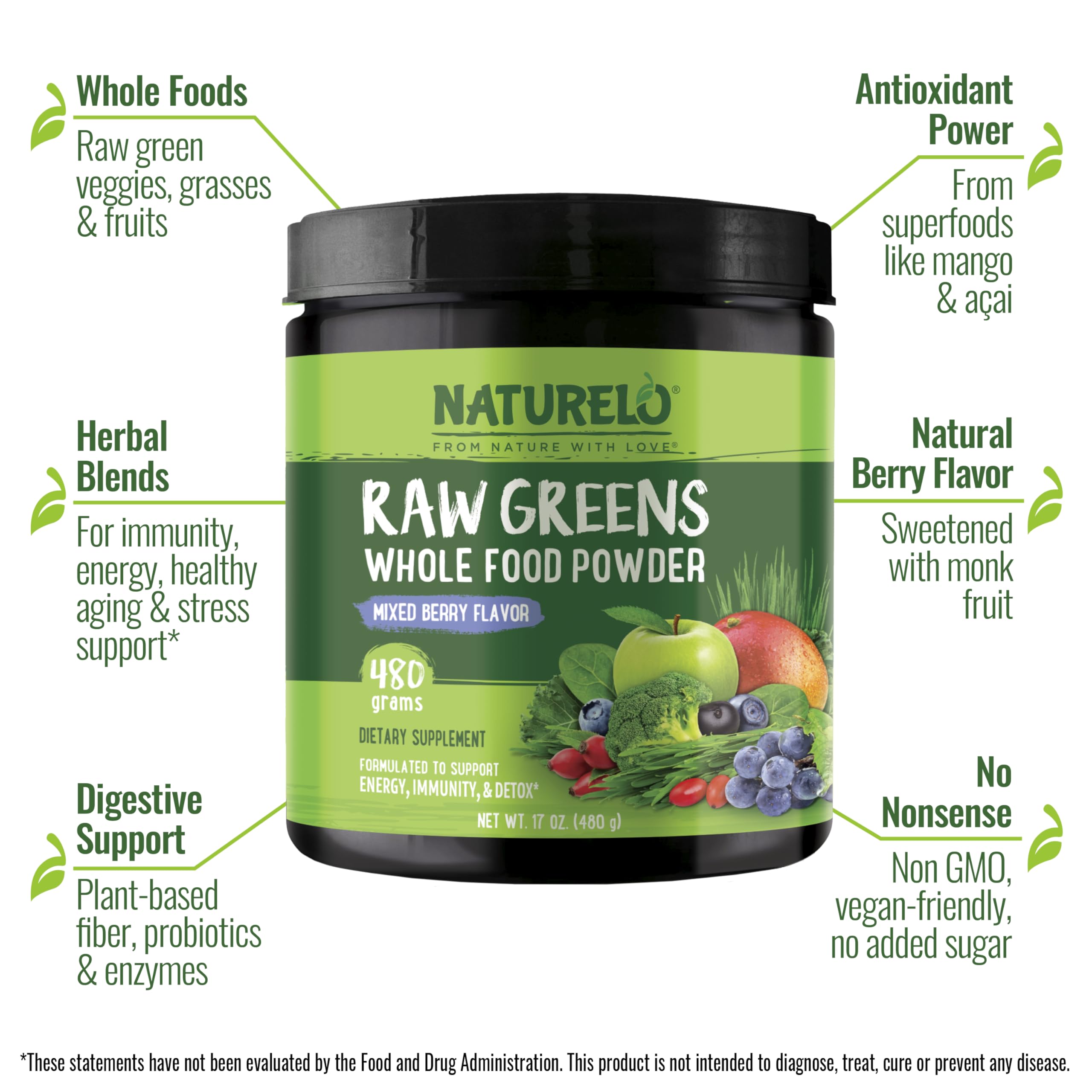 NATURELO Raw Greens Superfood Powder 480 Grams, Mixed Berry - Supports Energy, Immunity and Detox - Includes Spirulina, Wheat Grass and Organic NATURELO buy supplements canada