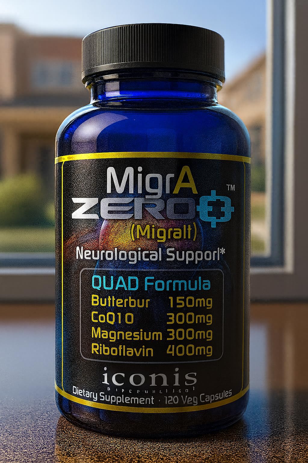 Migraine Relief, Quad-Formula with PA-Free Butterbur (150mg), CoQ10 (300mg), Magnesium Glycinate (300mg), High-Dose Riboflavin (400mg) - MigrA Zero (120 Caps) Optimal Dosing for Migraine Sufferers Iconis Bioceuticals buy supplements canada