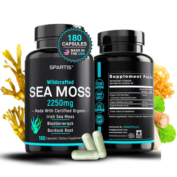 SPARTIS Certified Organic Sea Moss Capsules 2250mg Wildcrafted Irish Sea Moss Burdock Root Bladderwrack Supplement Raw Seamoss Pills & Powder (Pack of 1 at 180-Caps) SPARTIS buy supplements canada
