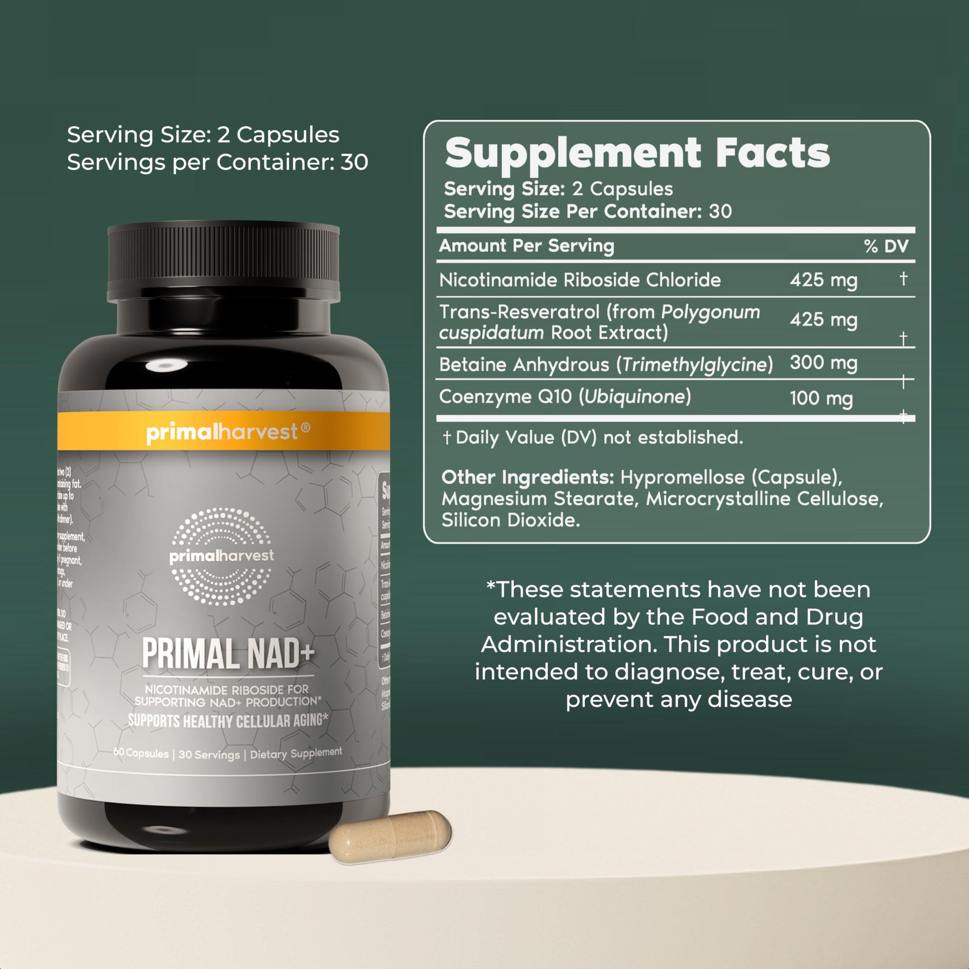 Primal Harvest NAD+ Supplement: Nicotinamide Riboside, Trans-Resveratrol, Betaine, CoQ10, NAD Supplements for Cellular Health, Energy, and Mitochondrial Support Primal Harvest buy supplements canada