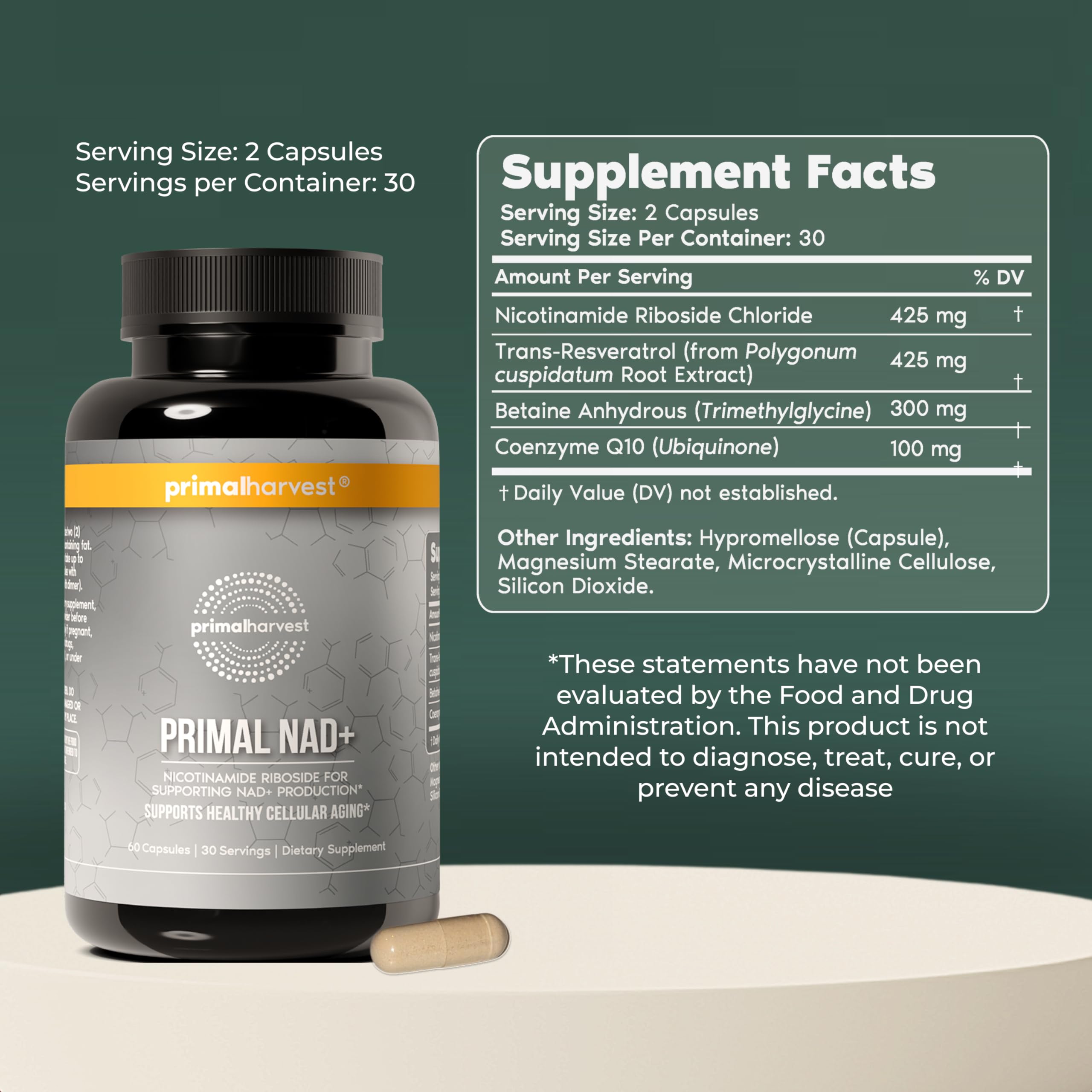 Primal Harvest NAD+ Supplement: Nicotinamide Riboside, Trans-Resveratrol, Betaine, CoQ10, NAD Supplements for Cellular Health, Energy, and Mitochondrial Support Primal Harvest buy supplements canada