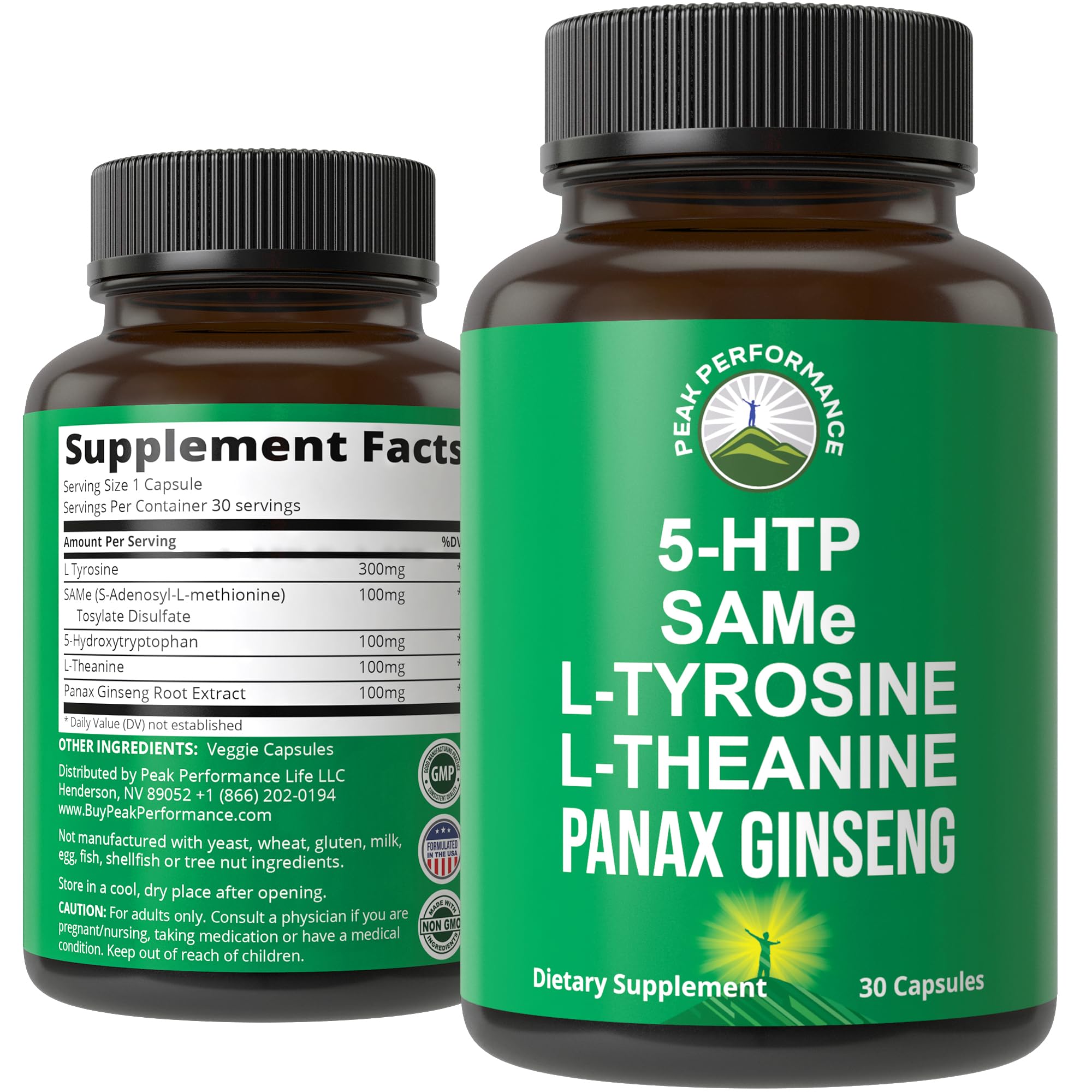 Peak Performance Mood Support Supplement with 5 Top Ingredients: 5HTP, SAM e, L Tyrosine, L Theanine, and Panax Ginseng. Calm, Focus, Relaxation Supplements. Vegan Peak Performance buy supplements canada