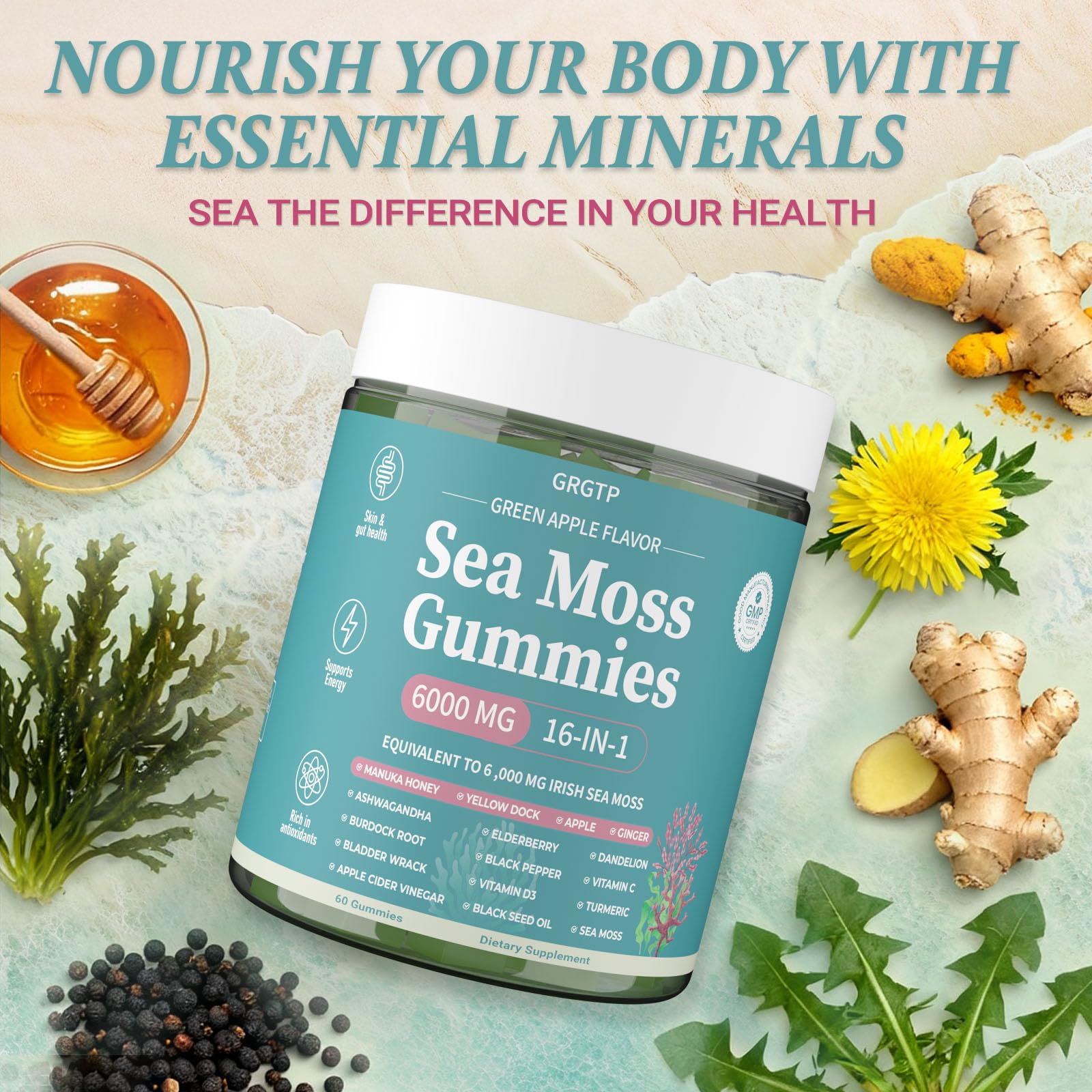 Sea Moss Gummies 16-in-1 - Ashwagandha Black Seed Oil Bladder Wrack Turmeric Vitamin C & D3 with Manuka Burdock Root Dandelion Yellow Dock Natural Detox & Liver Health Immune Support, Energy Boost GRGTP buy supplements canada
