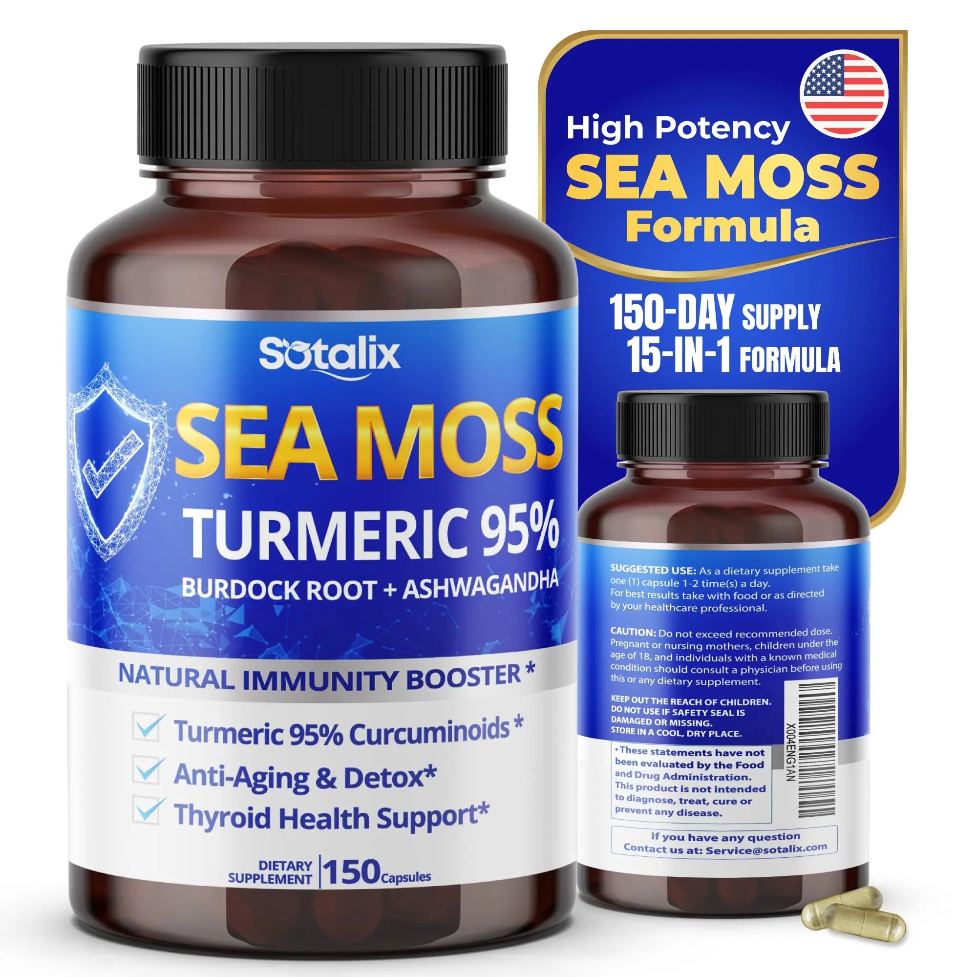 Sotalix Sea Moss Capsule with Ashwagandha, Burdock Root, Bladderwrack, Turmeric - Powerful Natural Immunity Booster (150 Count (Pack of 1)) SOTALIX SUPPLEMENT buy supplements canada