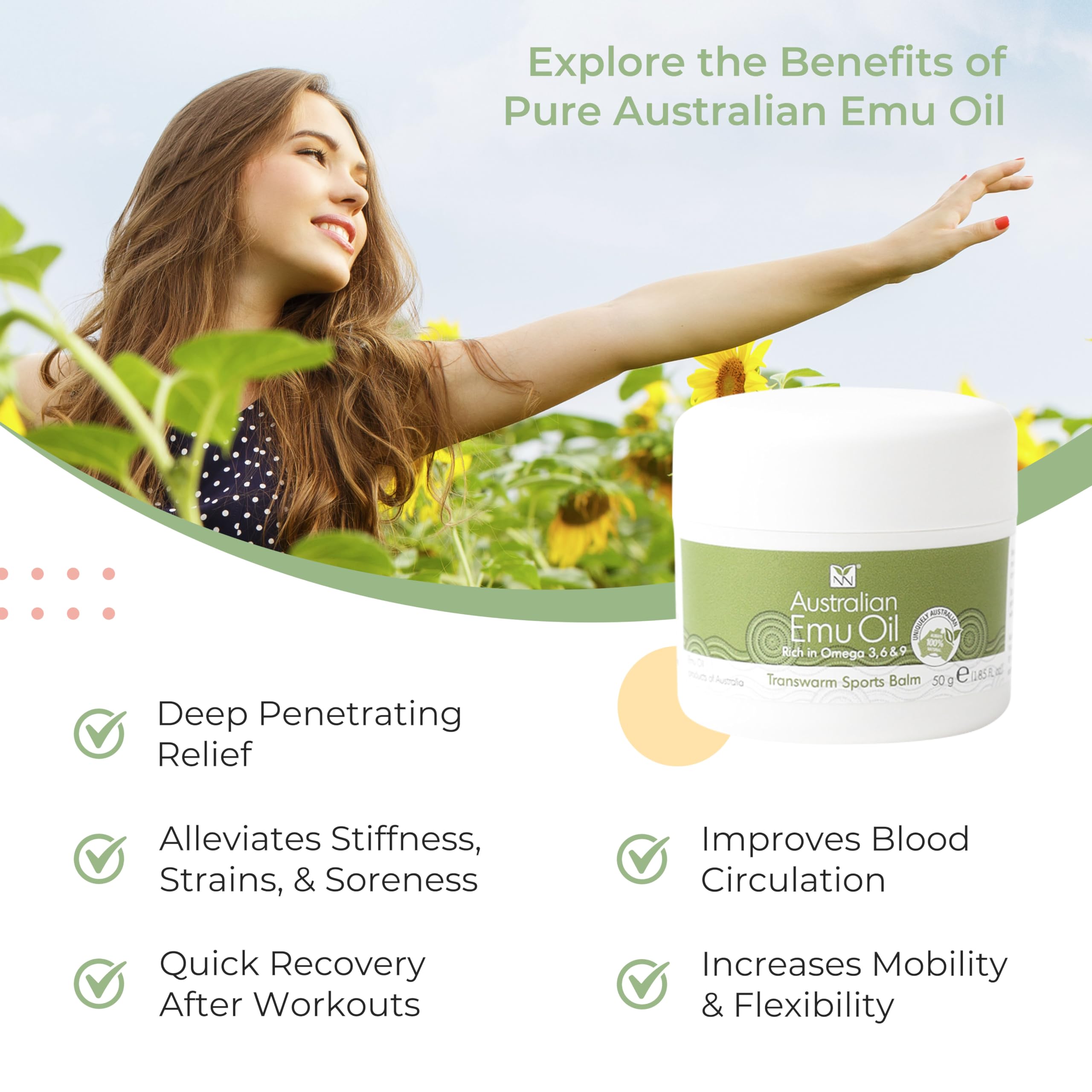 Y Not Natural Transwarm Sports Balm with Pure Emu Oil, Vitamins A, D, E, F & K2, Omega 3 6 9, & Tea Tree Oil Essential Oils - 50g Rub for Joint, Back, Muscle Stiffness & Soothing Itch Relief Y Not Natural buy supplements canada