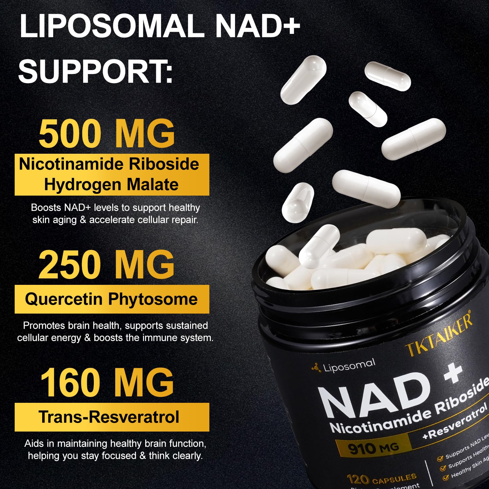 TKTALKER NAD Supplement, 910MG Liposomal Nicotinamide Riboside with Resveratrol & Quercetin, Anti-Aging, Cellular Energy, Mental Focus & Stamina & Healthy, Women & Men, 120 Capsules TKTALKER buy supplements canada