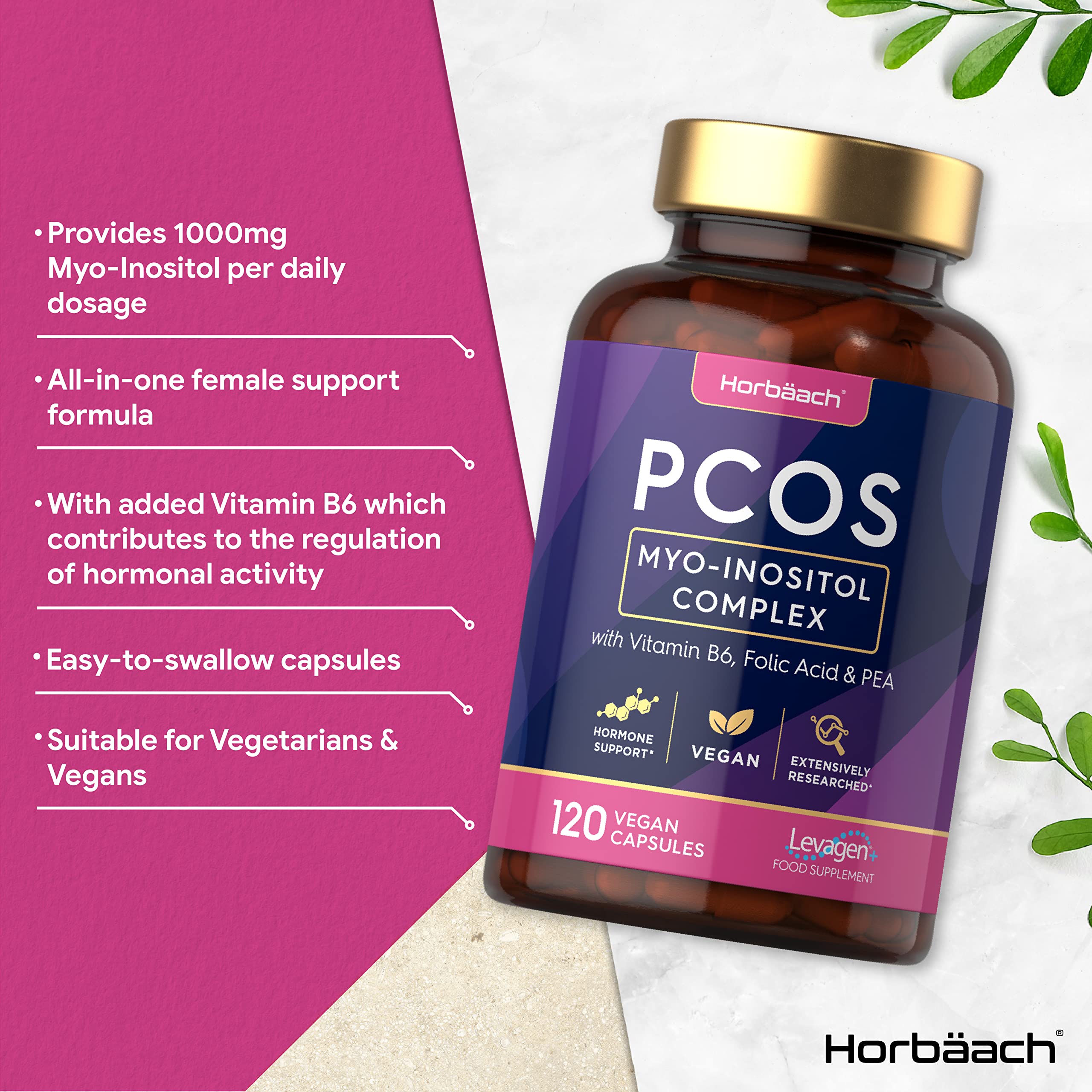 Inositol Supplement for PCOS | 120 Vegan Capsules | Myo-Inositol Complex with Folic Acid Horbäach buy supplements canada