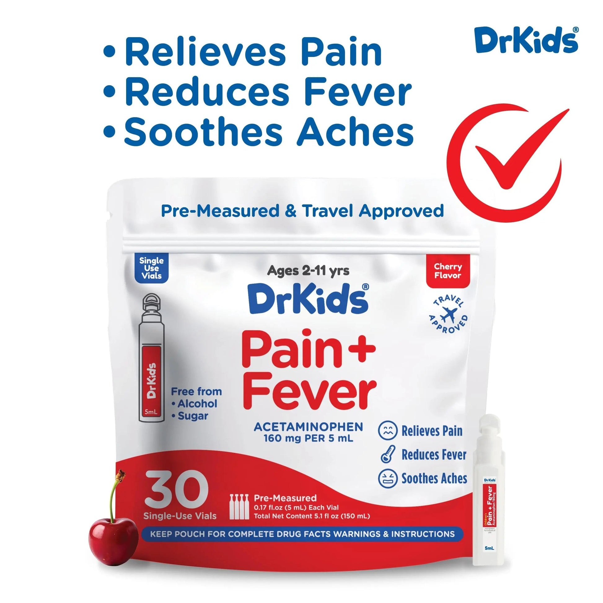 Dr. Kids Children’s Pain and Fever Medicine - Acetaminophen for Kids Ages 2-11, Pre-Measured Single-Use Vials for Headache, Sore Throat, Cold and Flu, Cherry Flavor, 30 Count Dr. Kids buy supplements canada