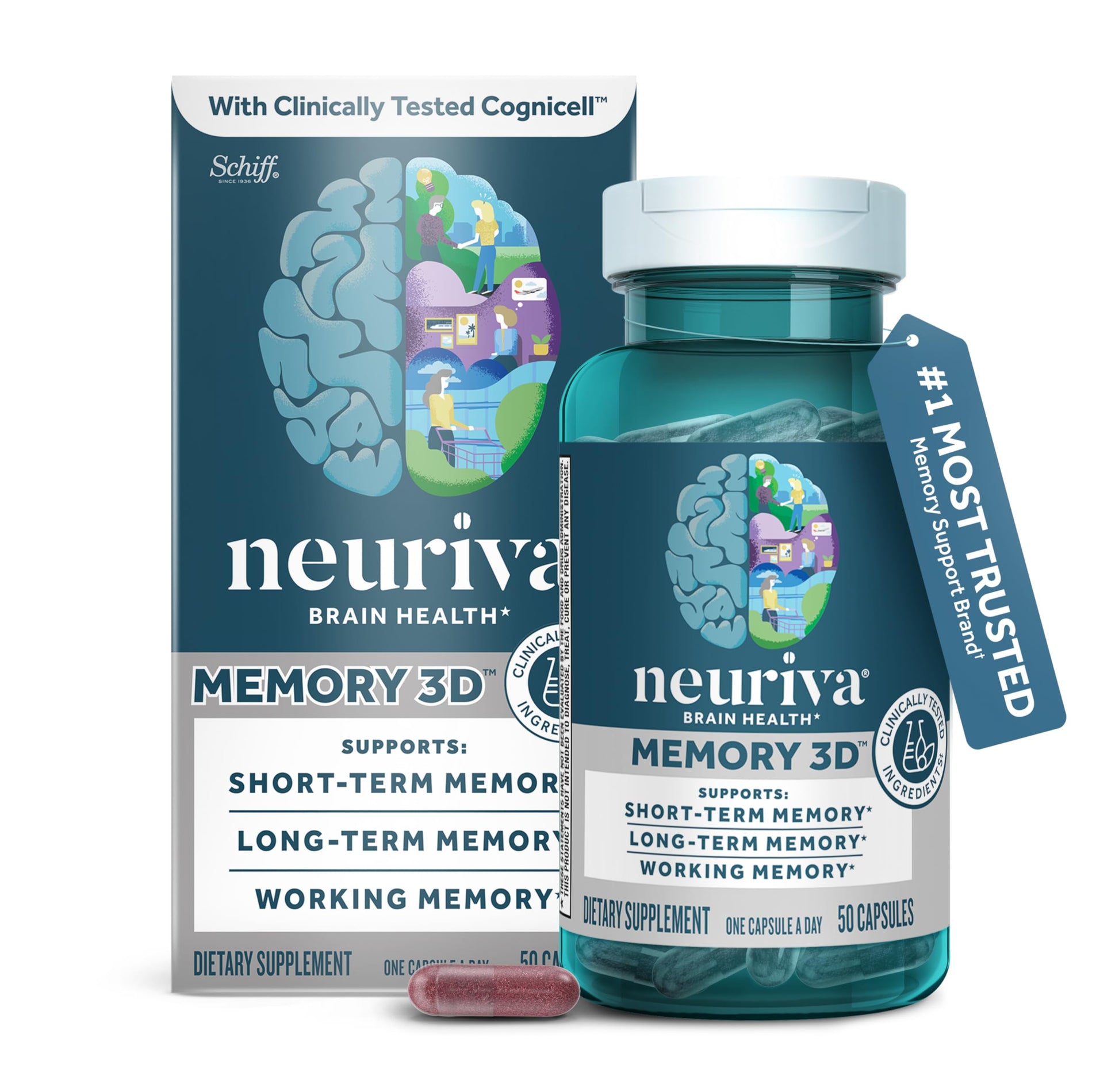 NEURIVA Memory 3D Brain Supplement - Decaffeinated Nootropic Capsules for Memory, Focus, & Cognitive Function - Short Term, Long Term, & Working Memory Support - 50ct NEURIVA buy supplements canada