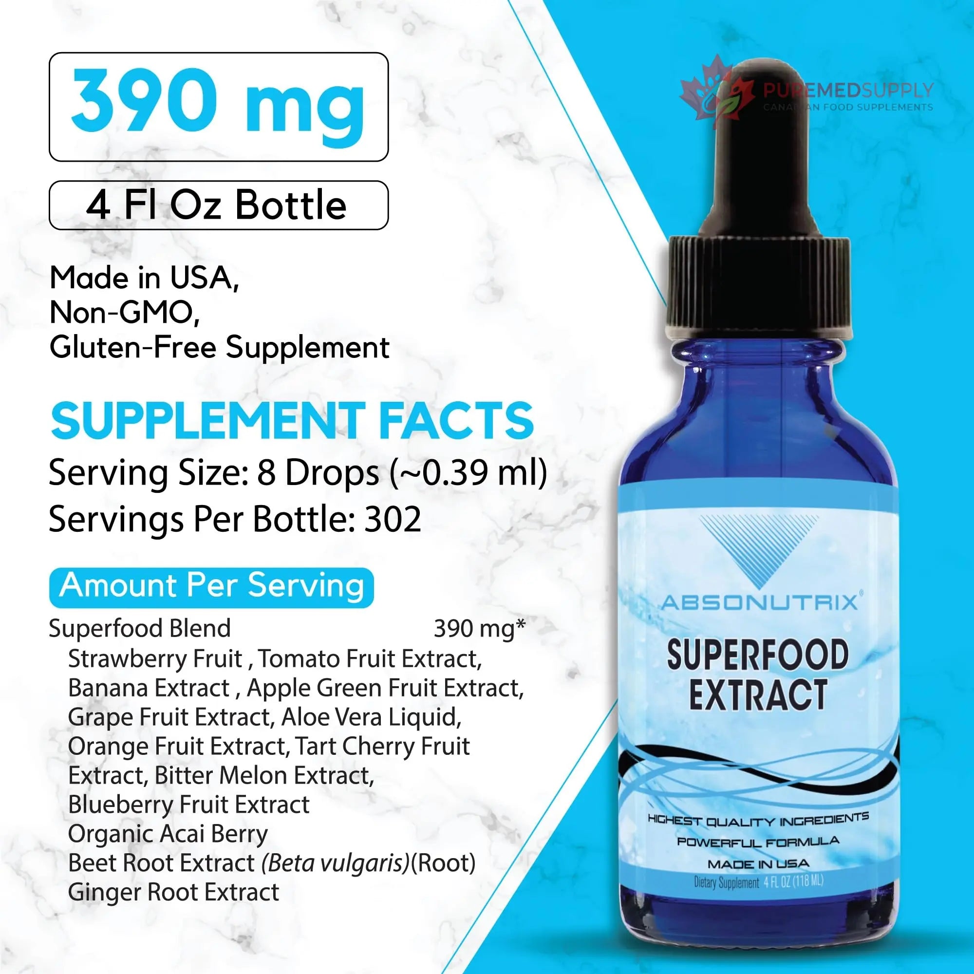 Absonutrix Superfood Extract 390 mg, 4 Oz Liquid, 302 Servings, Made in USA, Quick Absorption, Quality Potent Ingredients, Non-GMO, GMP Certified, Cruelty-Free Products Absonutrix buy supplements canada