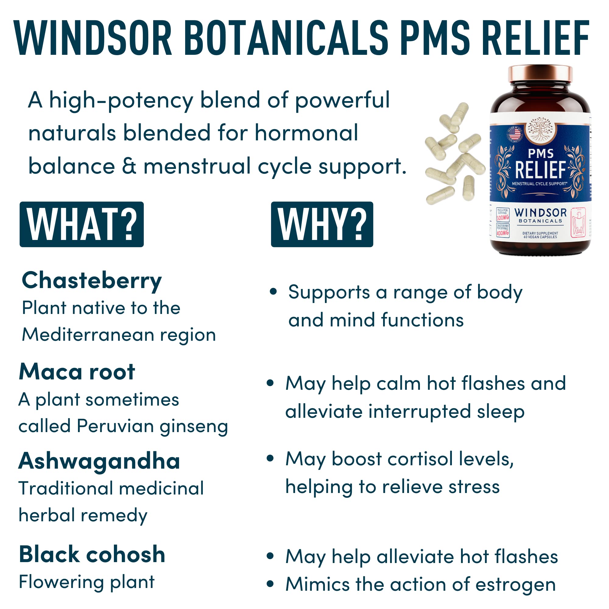 PMS Support Supplement for Women with Chasteberry, Maca Root, Ashwagandha - Period Relief, Bloating Relief for Women, Mood Support, Hormone Balance Herbal Supplements - 30 Day, 60 Vegan Capsules WINDSOR BOTANICALS buy supplements canada