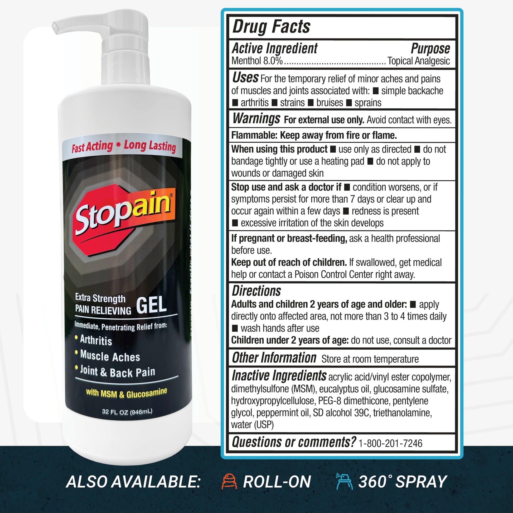 Stopain Pain Relief Gel 32oz, USA Made, Max Strength Fast Acting with Menthol, MSM, Glucosamine for Joint Pain, Back Pain, Arthritis, Knee, Neck Pain, HSA FSA Approved OTC Topical Analgesic Product Stopain buy supplements canada