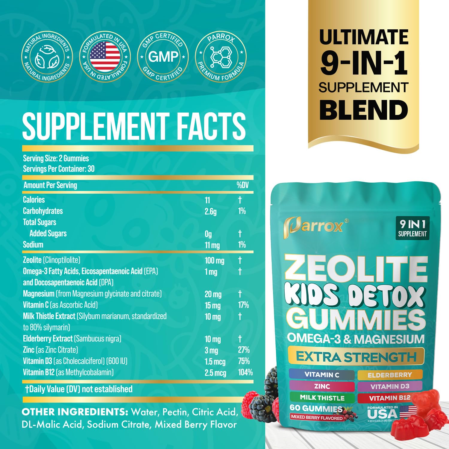 Parrox Zeolite Kids Gummies, 9-in-1 with Zeolite, Omega-3, Magnesium, Elderberry, Vitamin C, Milk Thistle, Vitamin D3, Zinc, B12 – Sugar-Free Parrox buy supplements canada