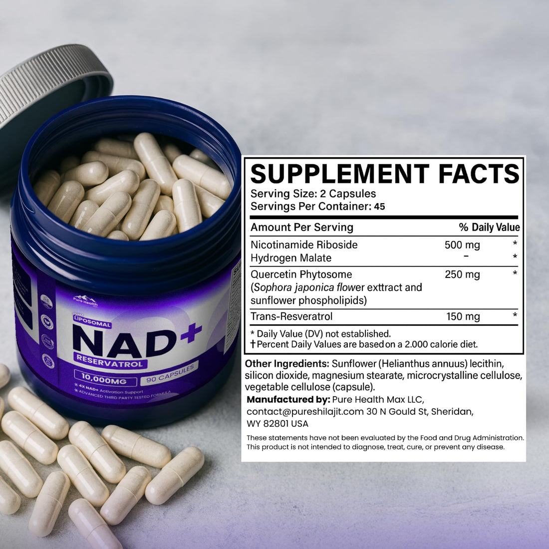 PURE HEALTH MAX PHM NAD Resveratrol Supplement - 10,000MG Extra Strength | NAD+ Liposomal Supplements for Men and Women | NMN & NMNH Alternative | 90 Capsules, 1.5 Months Supply PURE HEALTH MAX buy supplements canada