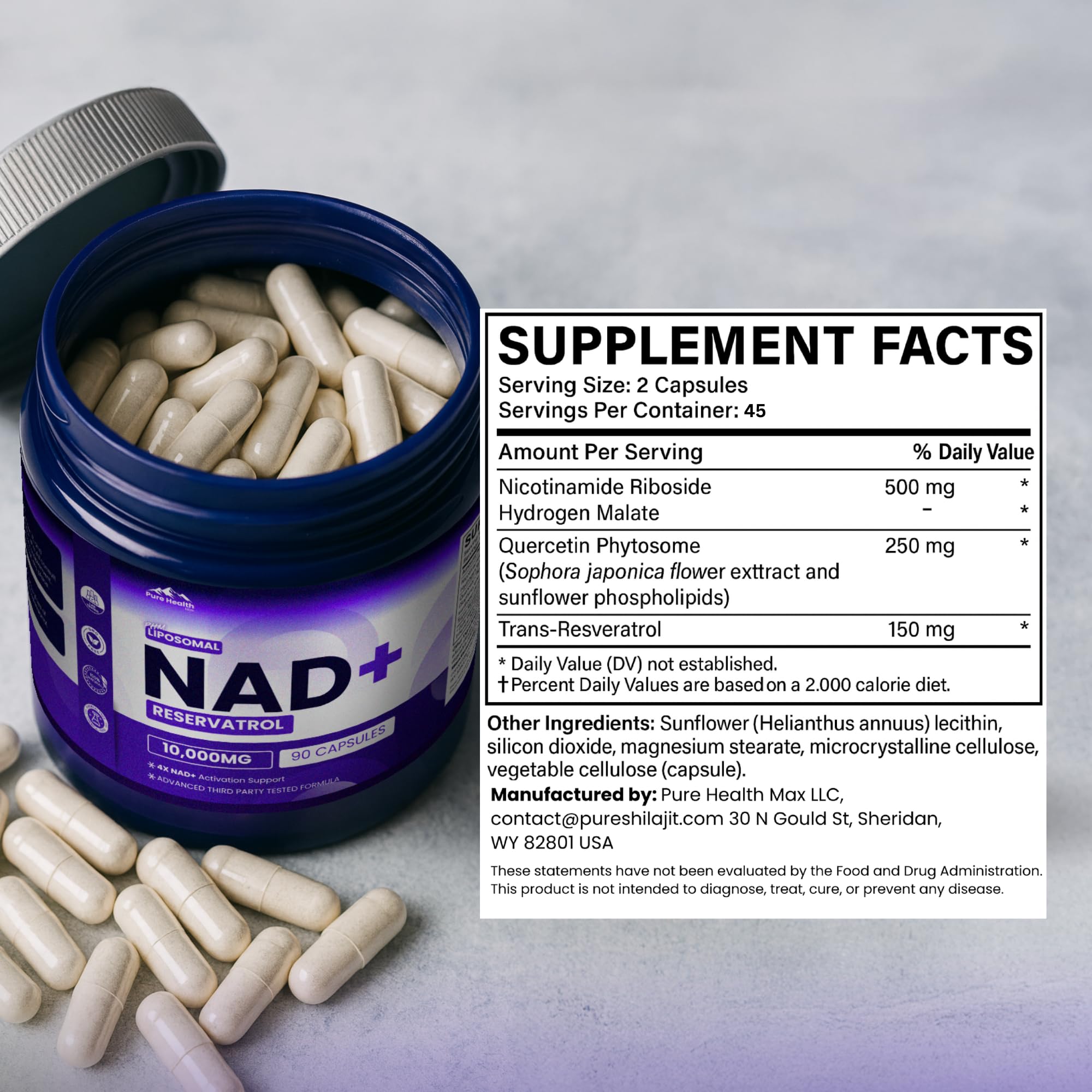 PURE HEALTH MAX PHM NAD Resveratrol Supplement - 10,000MG Extra Strength | NAD+ Liposomal Supplements for Men and Women | NMN & NMNH Alternative | 90 Capsules, 1.5 Months Supply PURE HEALTH MAX buy supplements canada