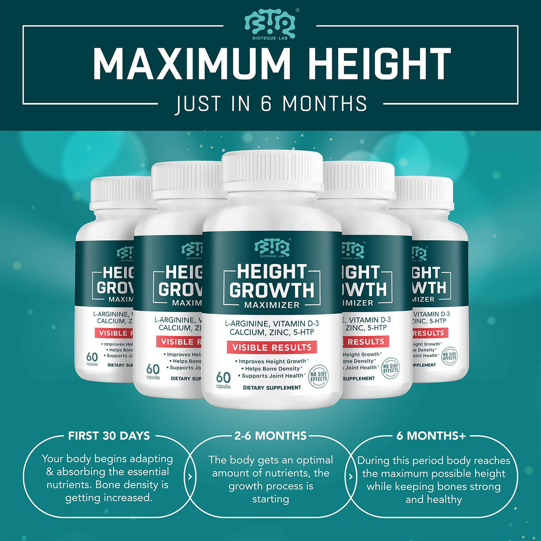 BIOTEQUELAB Height Growth Maximizer, Calcium, Vitamin D3 and Zinc Blend Pills, Bone Growth Supplement for Kids and Teens, Bone Strength, Density Support, GMO-Free, Gluten-Free, Made in USA, 60 Caps BTQ BIOTEQUE LAB buy supplements canada