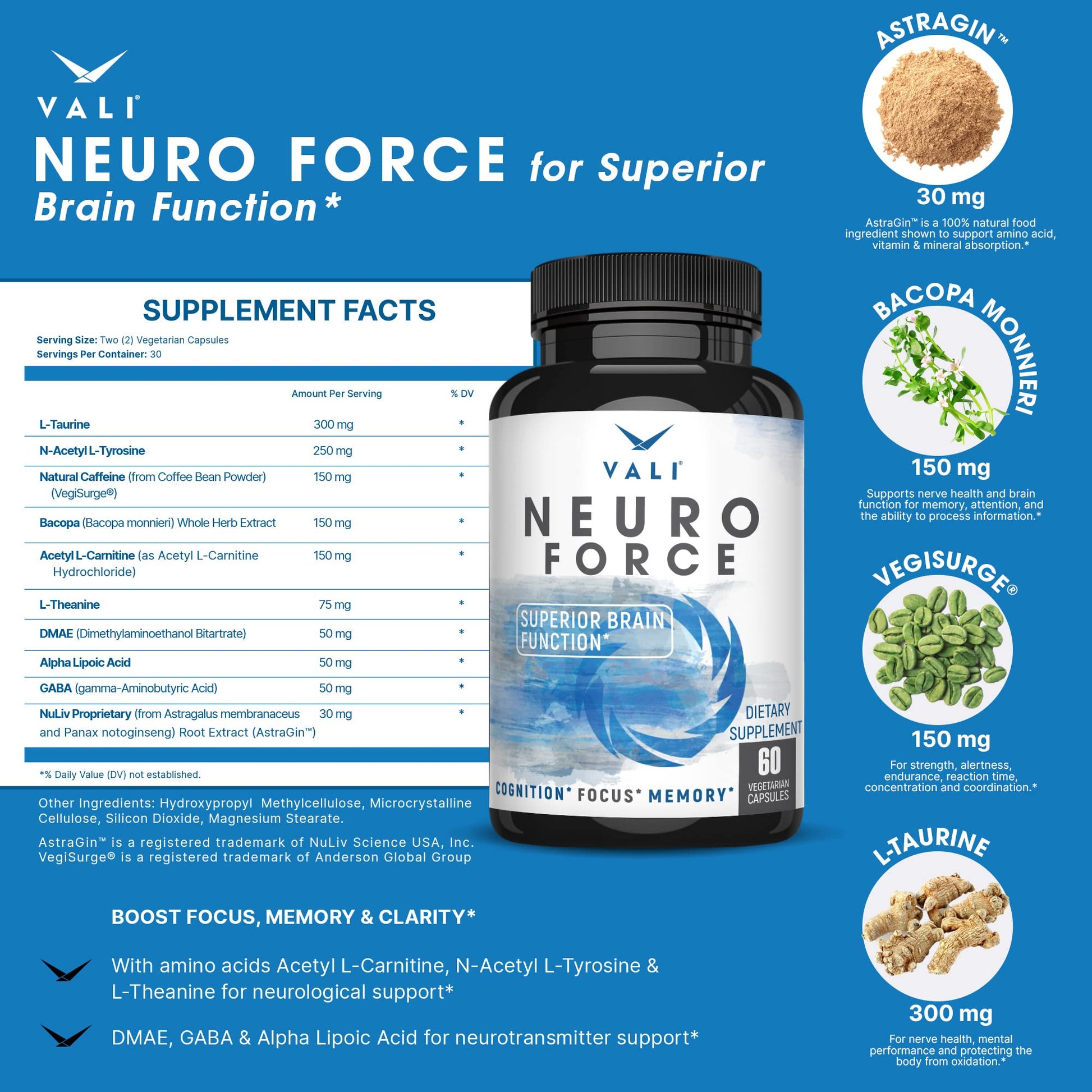 VALI Neuro Force Brain Booster Supplement for Focus, Memory, Clarity & Energy. Extra Strength Nootropic Cognitive Function Support for Mental Performance. with Natural Caffeine. 60 Veggie Capsules VALI buy supplements canada