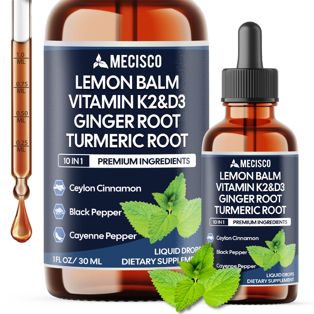 10in1 Lemon Balm Liquid Drops Blend Includes Vitamin D3, Vitamin K2, Lemon Balm, Ginger, Turmeric, Ceylon Cinnamon, Black Pepper, Cayenne Pepper, Berberine, Valerian Root - 1 FL Oz - 2 Month Supply Mecisco buy supplements canada