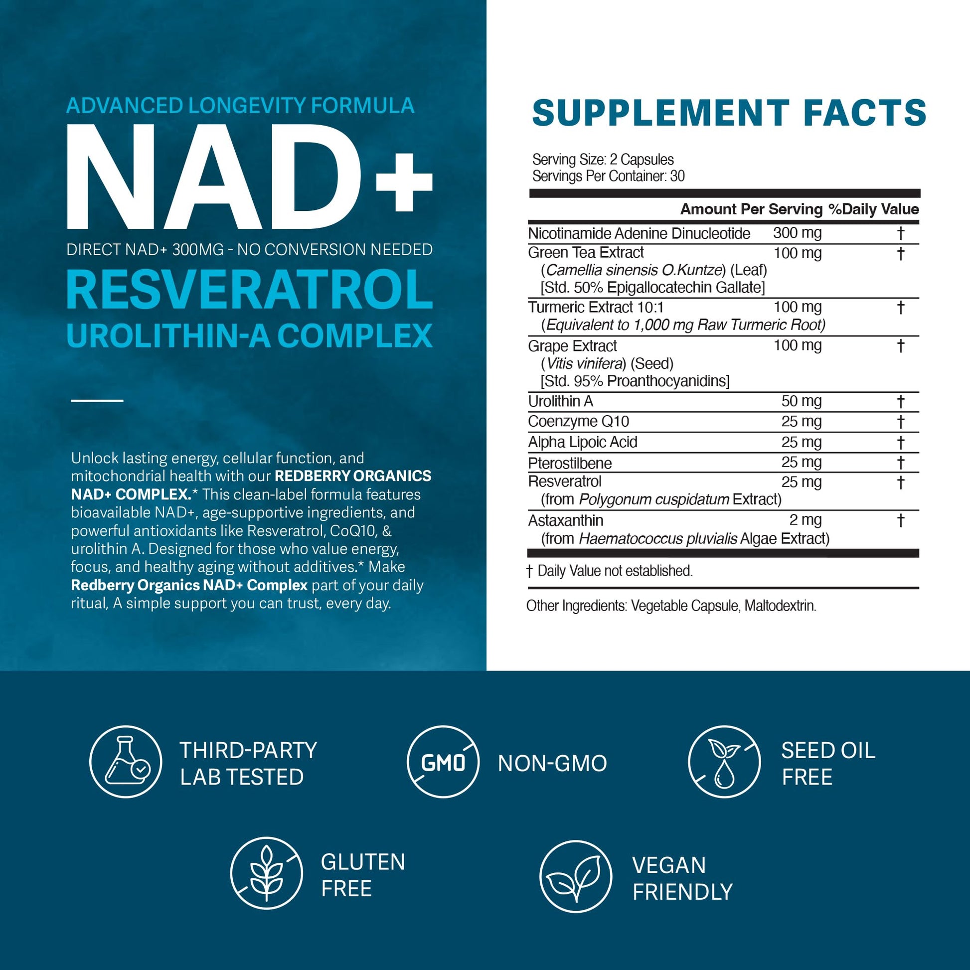 NAD Supplement with Direct NAD+ 300mg (NAD Plus) | Advanced Longevity Complex with Urolithin A & Resveratrol | NMN Alternative | 60 Capsules | Non-GMO, Gluten Free | Made in USA Redberry Organics buy supplements canada