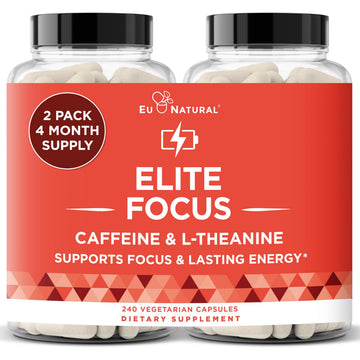 Eu Natural Elite Caffeine Pills with L-Theanine - 100mg Caffeine + 200mg L-Theanine - Jitter-Free Focused Energy & Clean Nootropic Stack - 240 Soft Capsules Eu Natural buy supplements canada
